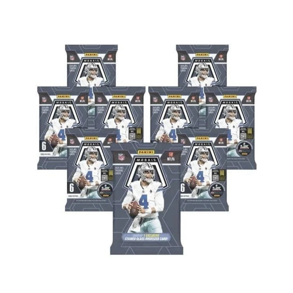 Display of included NFL Mosaic football card packs and exclusive oversized card contents from Costco Super Box