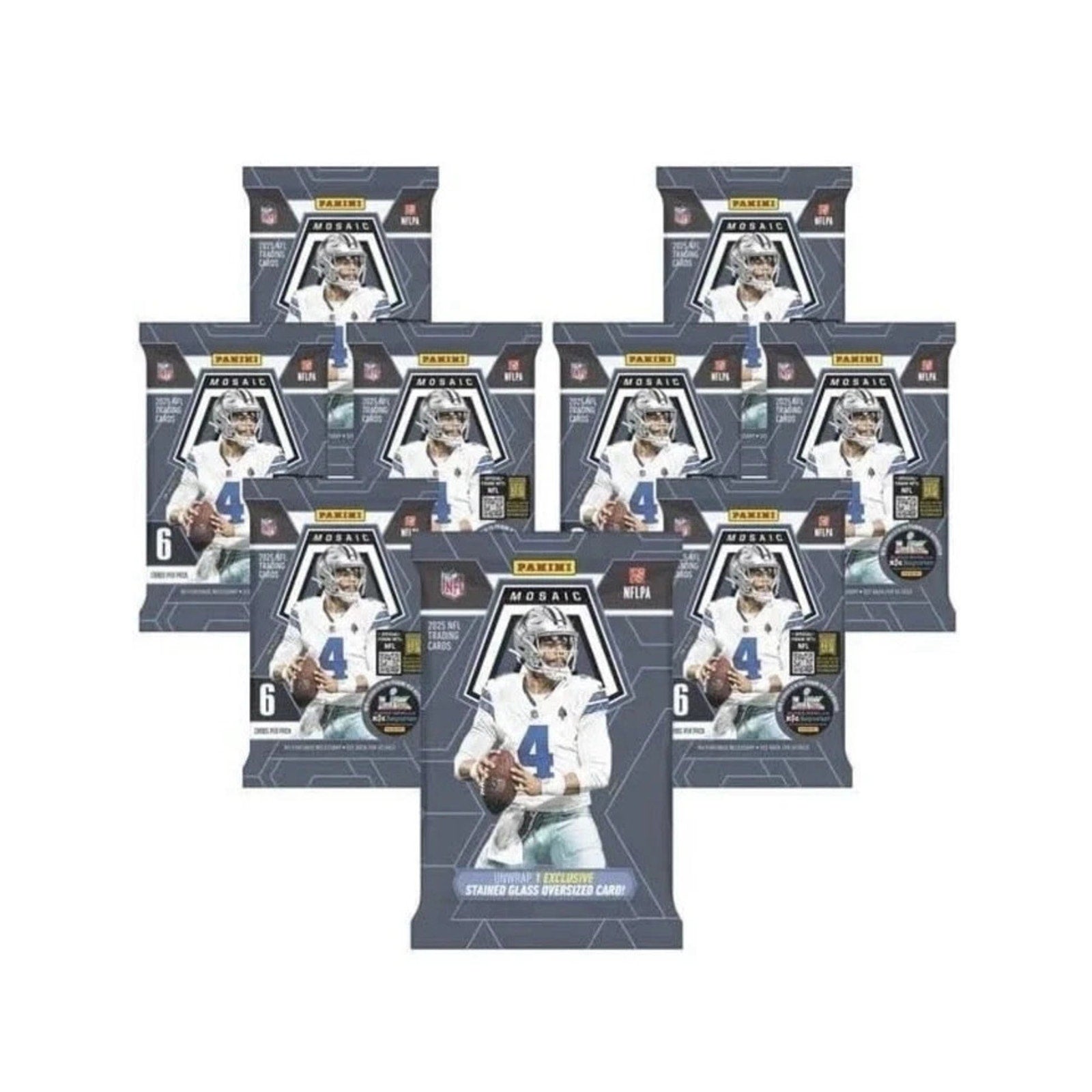 Display of included NFL Mosaic football card packs and exclusive oversized card contents from Costco Super Box