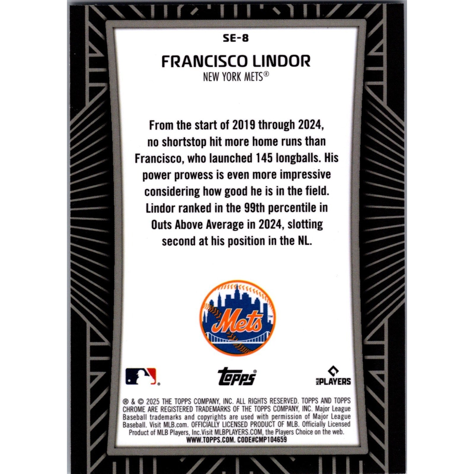 Back view of 2025 Topps Chrome Francisco Lindor Shadow Etch Refractor SE-8 case hit trading card