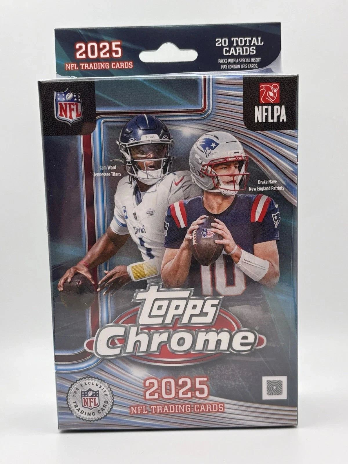 Front view of a sealed 2025 Topps Chrome NFL Football Hanger Box featuring NFL players on the packaging and containing 20 total football trading cards.