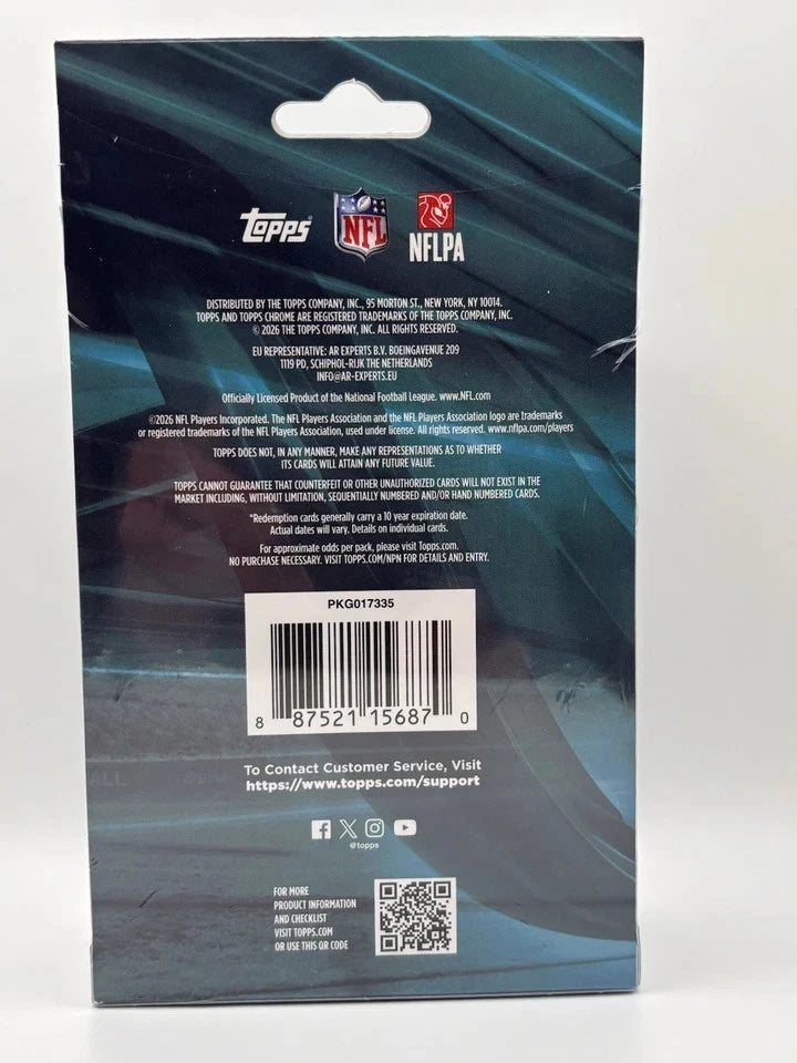 Back view of the unopened 2025 Topps Chrome NFL Football Hanger Box showing product information, barcode, odds, and manufacturer details.