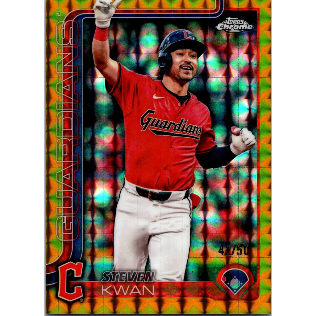 2025 Topps Chrome Steven Kwan Gold Geometric Refractor trading card numbered 50 with Cleveland Guardians uniform