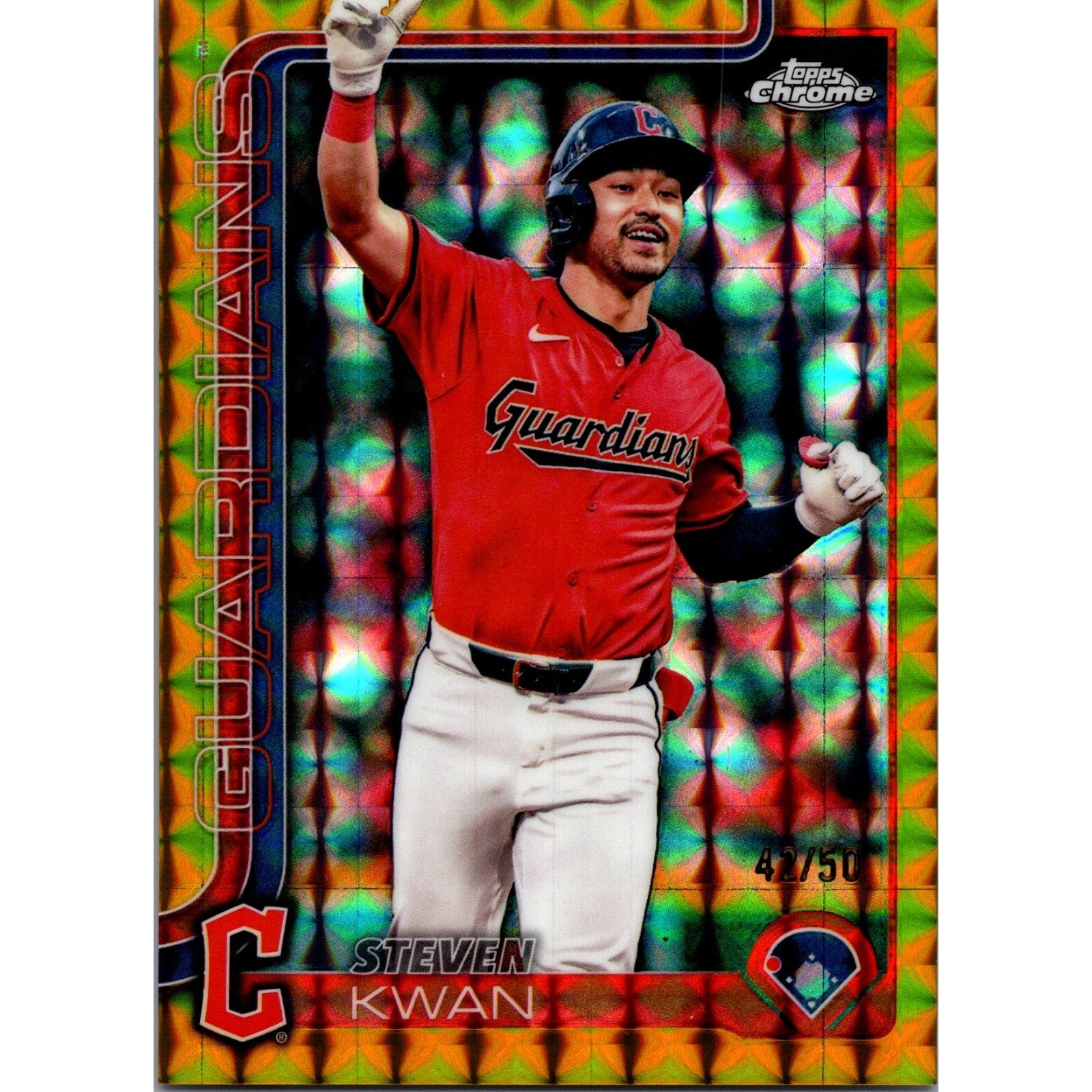 2025 Topps Chrome Steven Kwan Gold Geometric Refractor trading card numbered 50 with Cleveland Guardians uniform