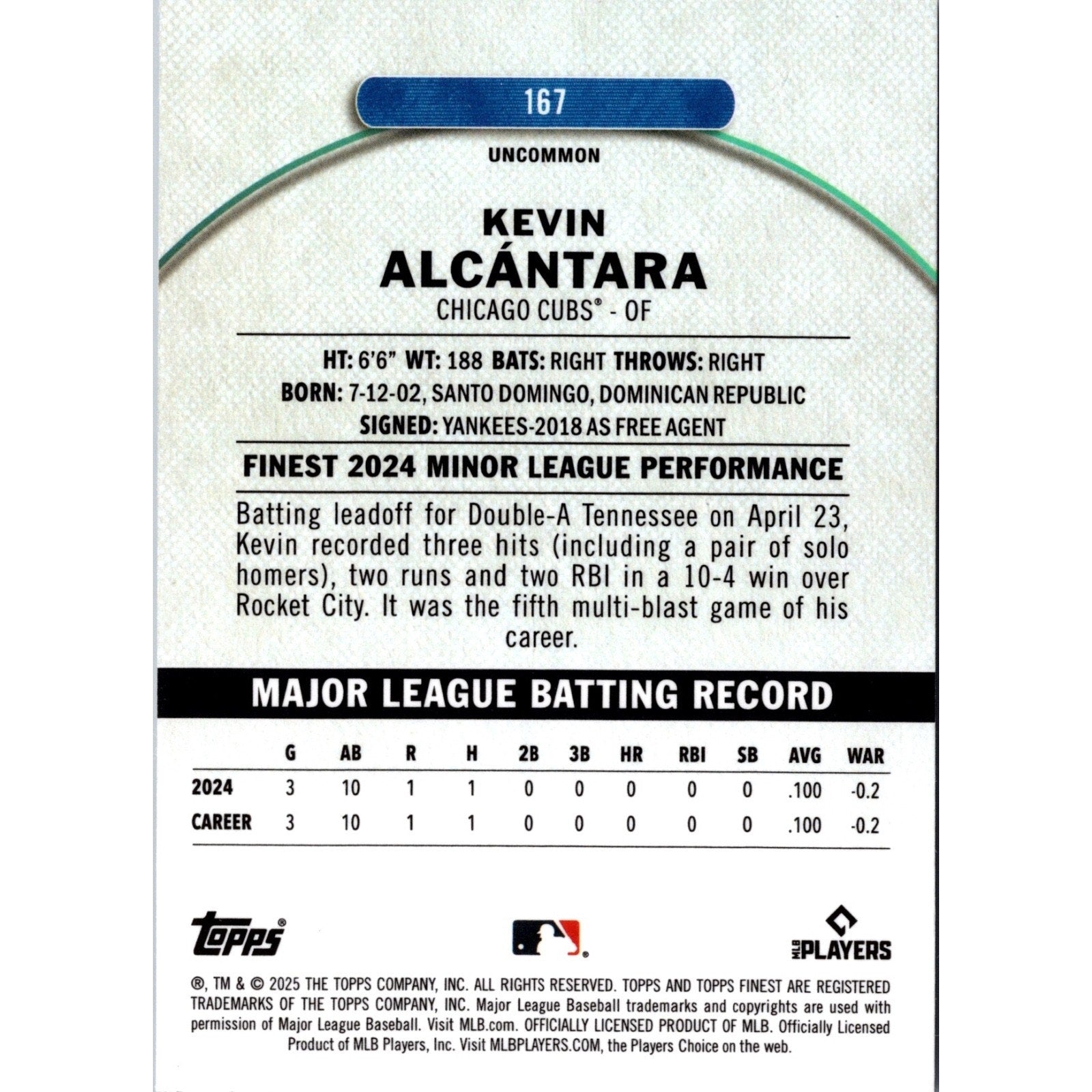 Back view of Kevin Alcántara 2025 Topps Finest #167 X-Fractor rookie card