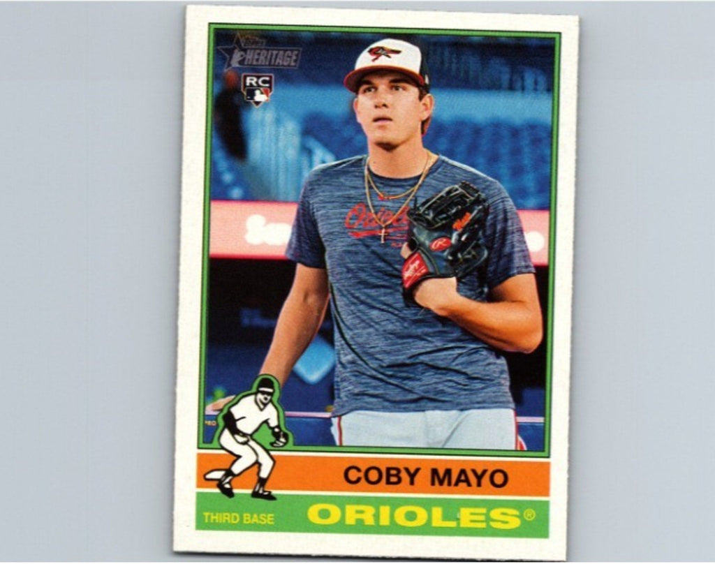 2025 Topps Heritage Coby Mayo rookie image variation card #340 featuring Baltimore Orioles prospect