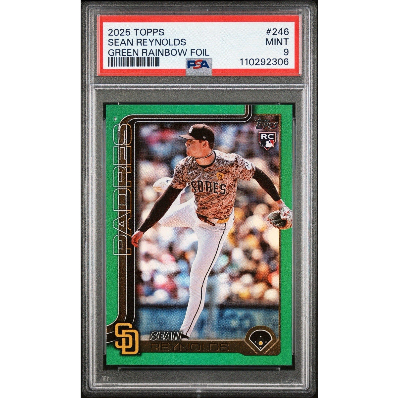 2025 Topps Series 1 Sean Reynolds Green Foil /99 PSA 9 rookie Padres card front