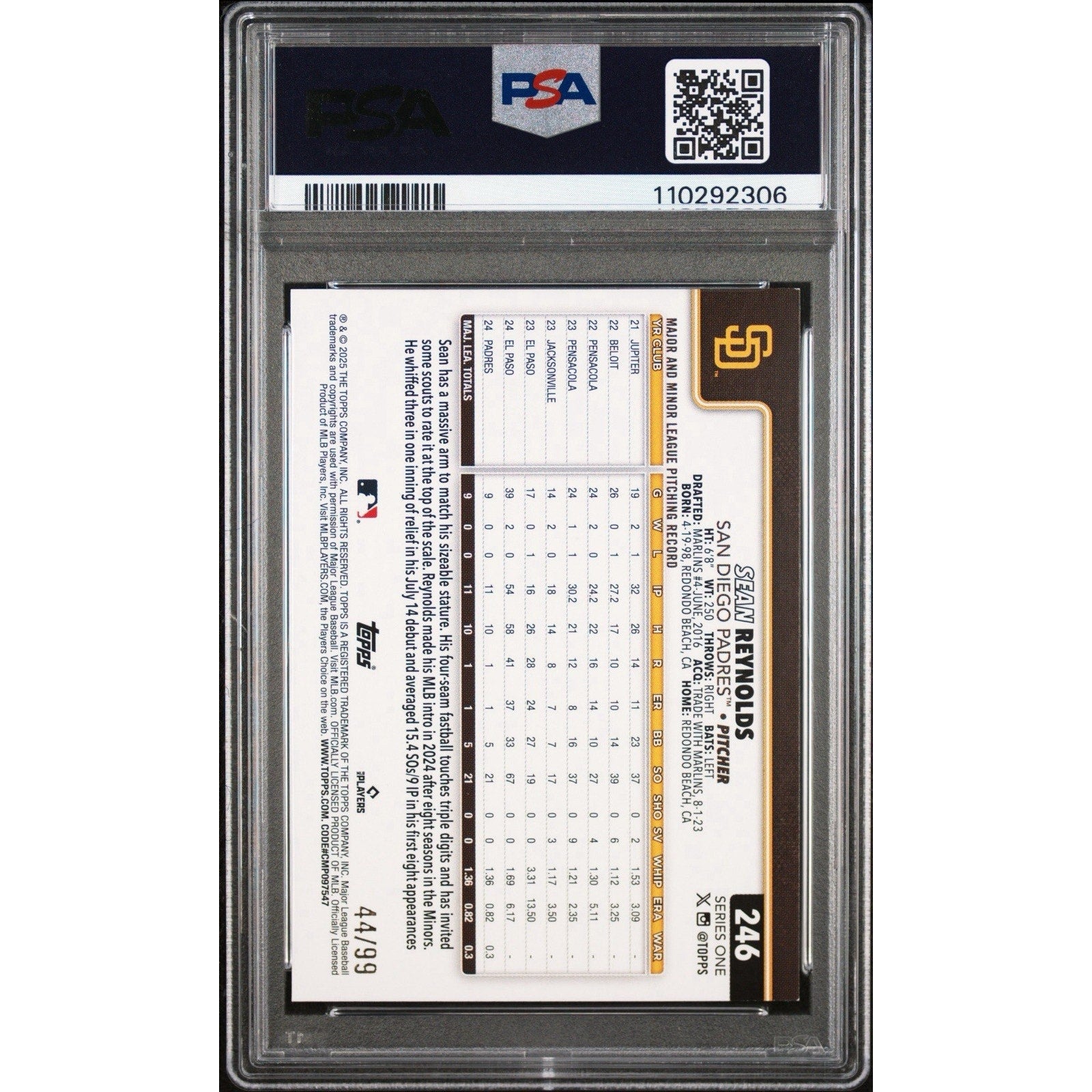 Back of Sean Reynolds 2025 Topps Series 1 Green Foil PSA 9 rookie card