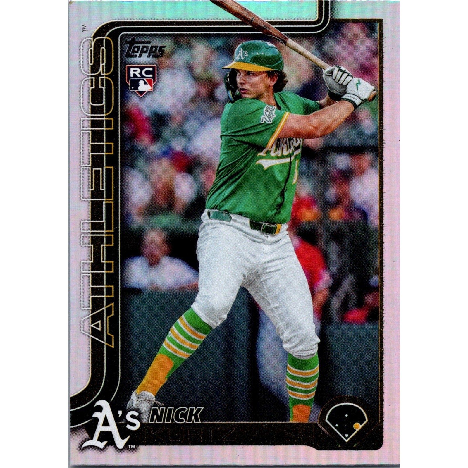 Front view of a 2025 Topps Update Series Nick Kurtz rookie card #US201 with Rainbow Foil parallel finish, featuring Kurtz batting in an Oakland Athletics uniform