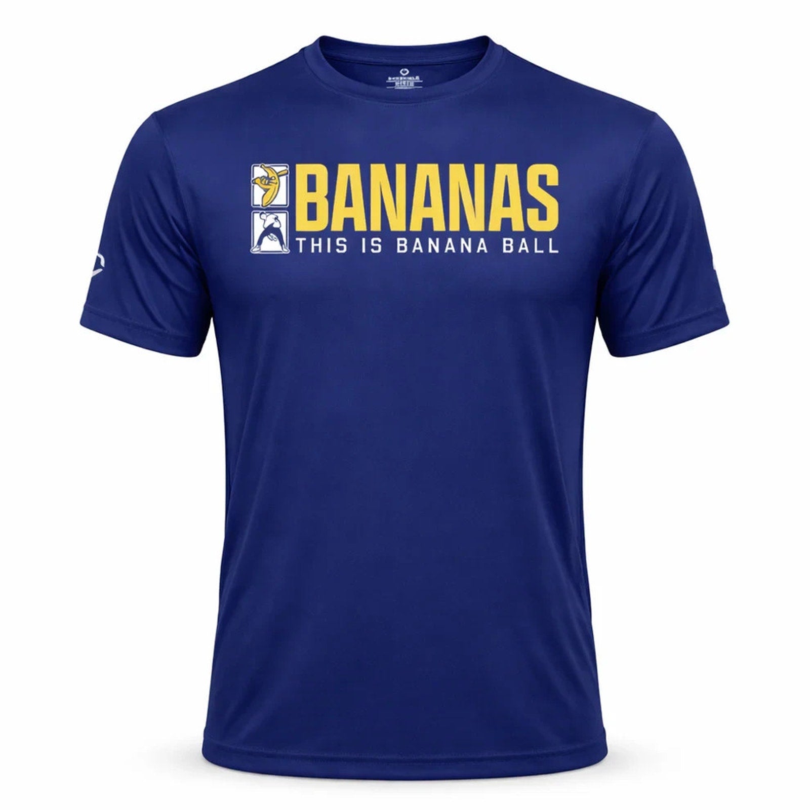 Savannah Bananas EvoShield BBCL 24 Hour Tech Tee limited edition blue performance t-shirt with yellow Bananas graphic