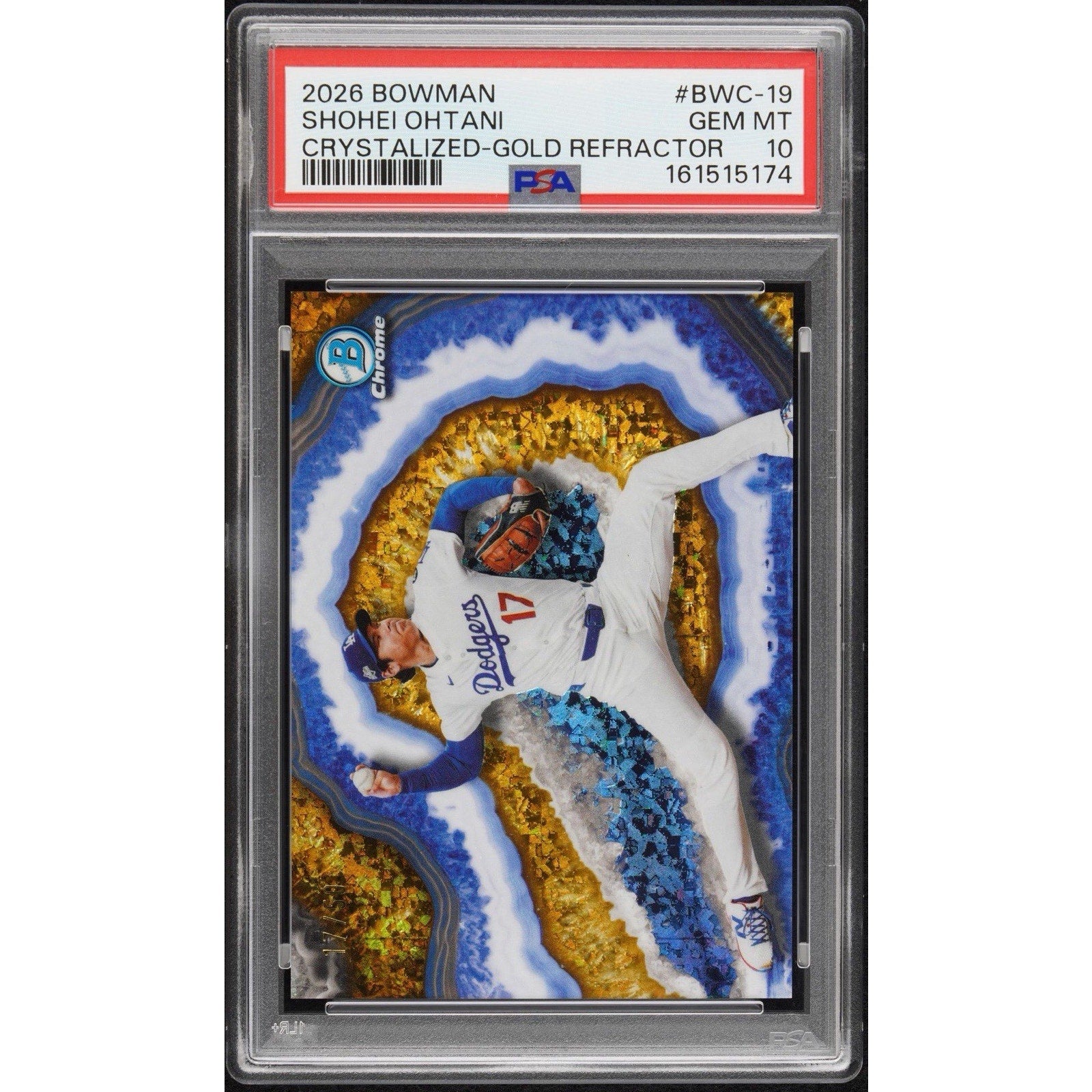 Baseball trading card in a protective case with a colorful design and text on a white background