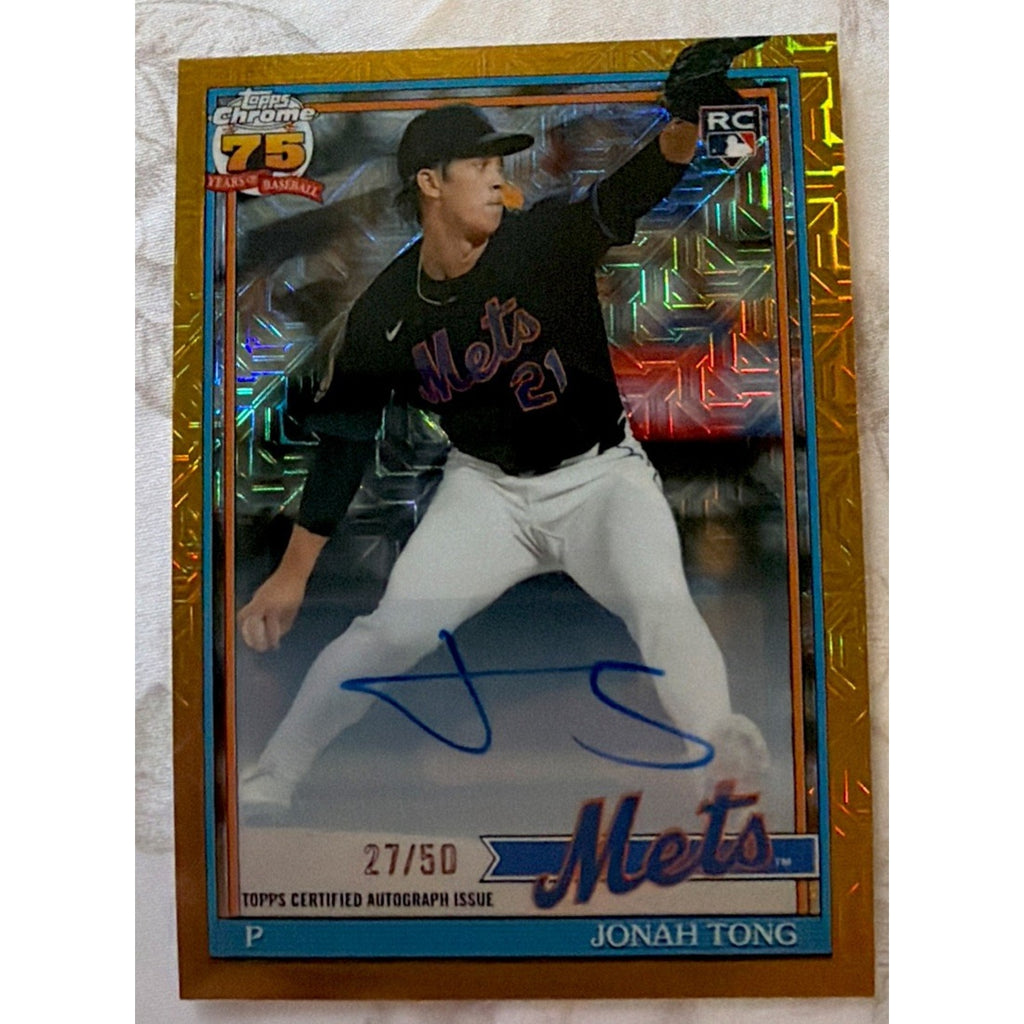 2026 Topps Series 1 Jonah Tong Mojo Gold Refractor rookie autograph card numbered 27/50 featuring New York Mets prospect