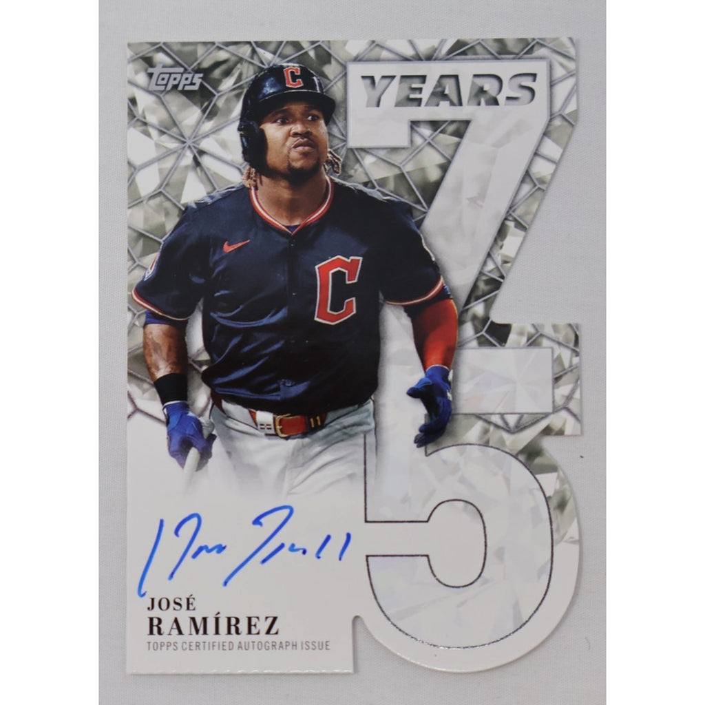Front view of 2026 Topps Series 1 Jose Ramirez 75 Years of Topps Die-Cut Autograph card featuring the Cleveland Guardians star with a blue hard-signed autograph and large "75" anniversary die-cut design.