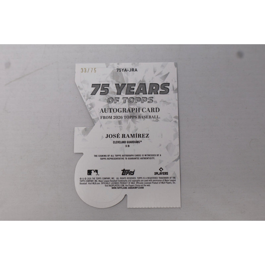 Back view of the Jose Ramirez 75 Years of Topps autograph card displaying player information, authentication details, and card numbering.