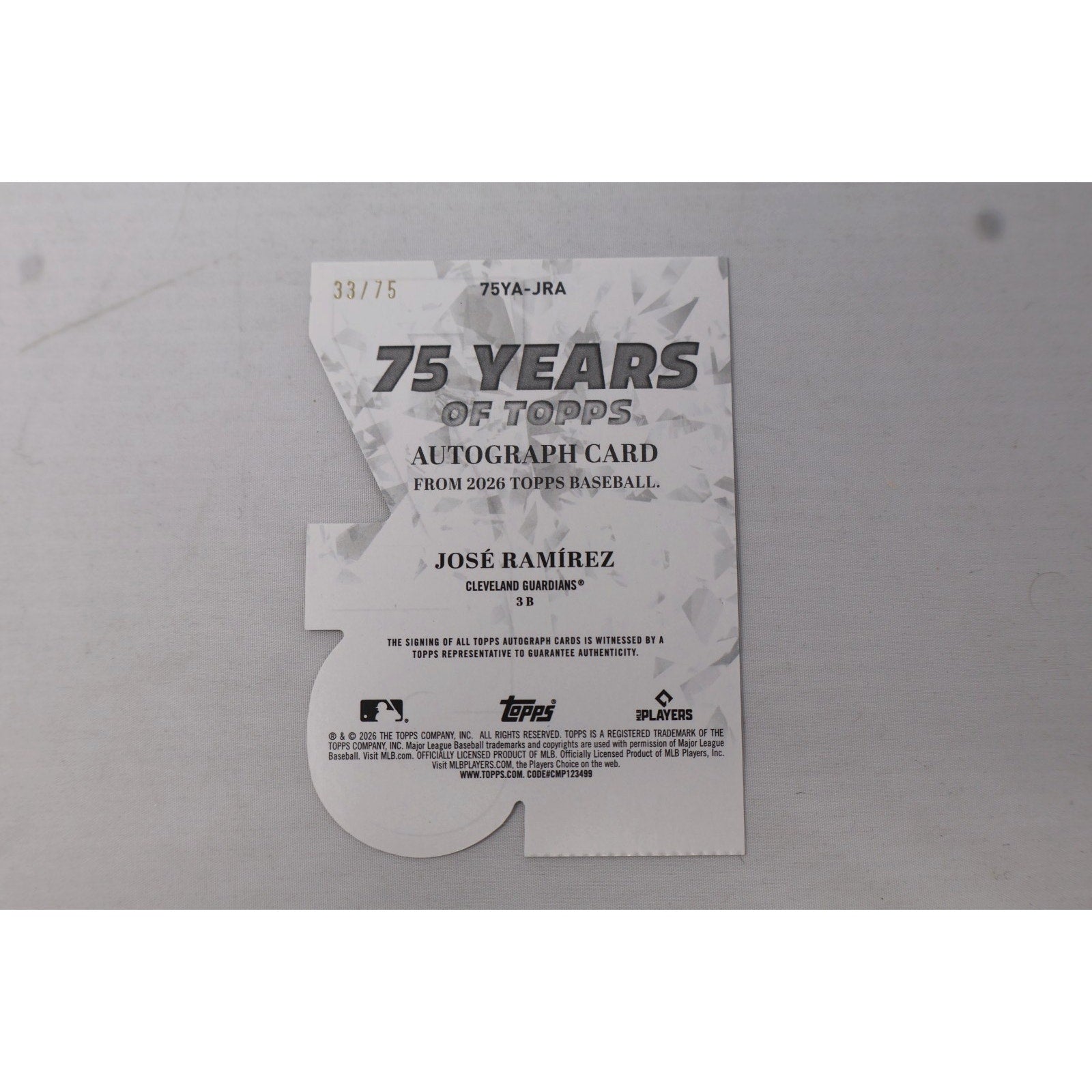 Back view of the Jose Ramirez 75 Years of Topps autograph card displaying player information, authentication details, and card numbering.
