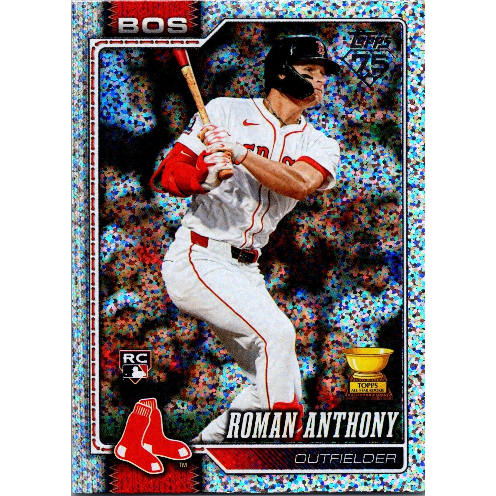 Front view of 2026 Topps Series 1 Roman Anthony #189 Sand Glitter Rookie Card featuring the Boston Red Sox prospect in a batting pose with glitter parallel finish