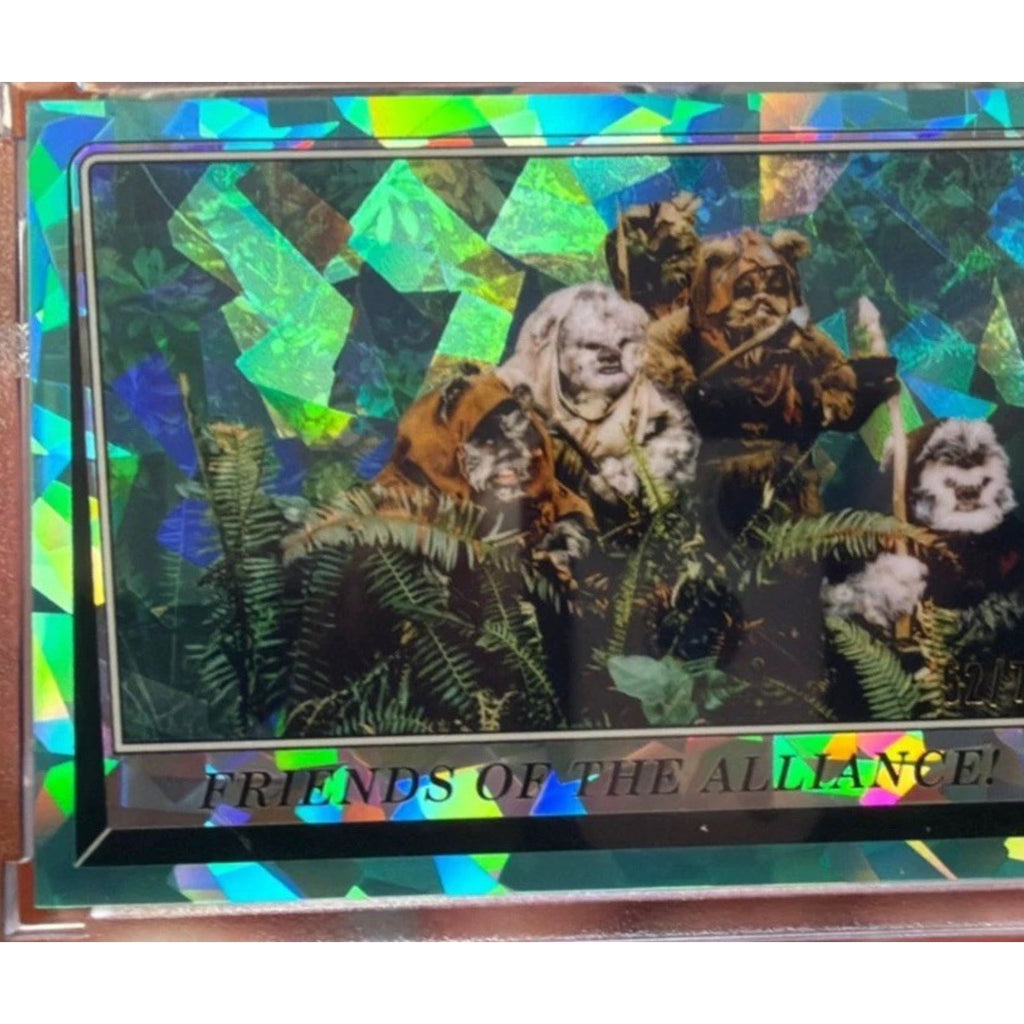 Front angled view of 2025 Topps Star Wars Ewoks Friends of the Alliance Shattered Refractor parallel numbered to 75