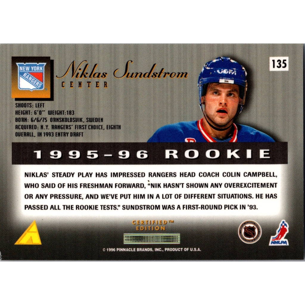 Niklas Sundstrom RC 1995-96 Select Certified Edition Rookie Mint NY Rangers
