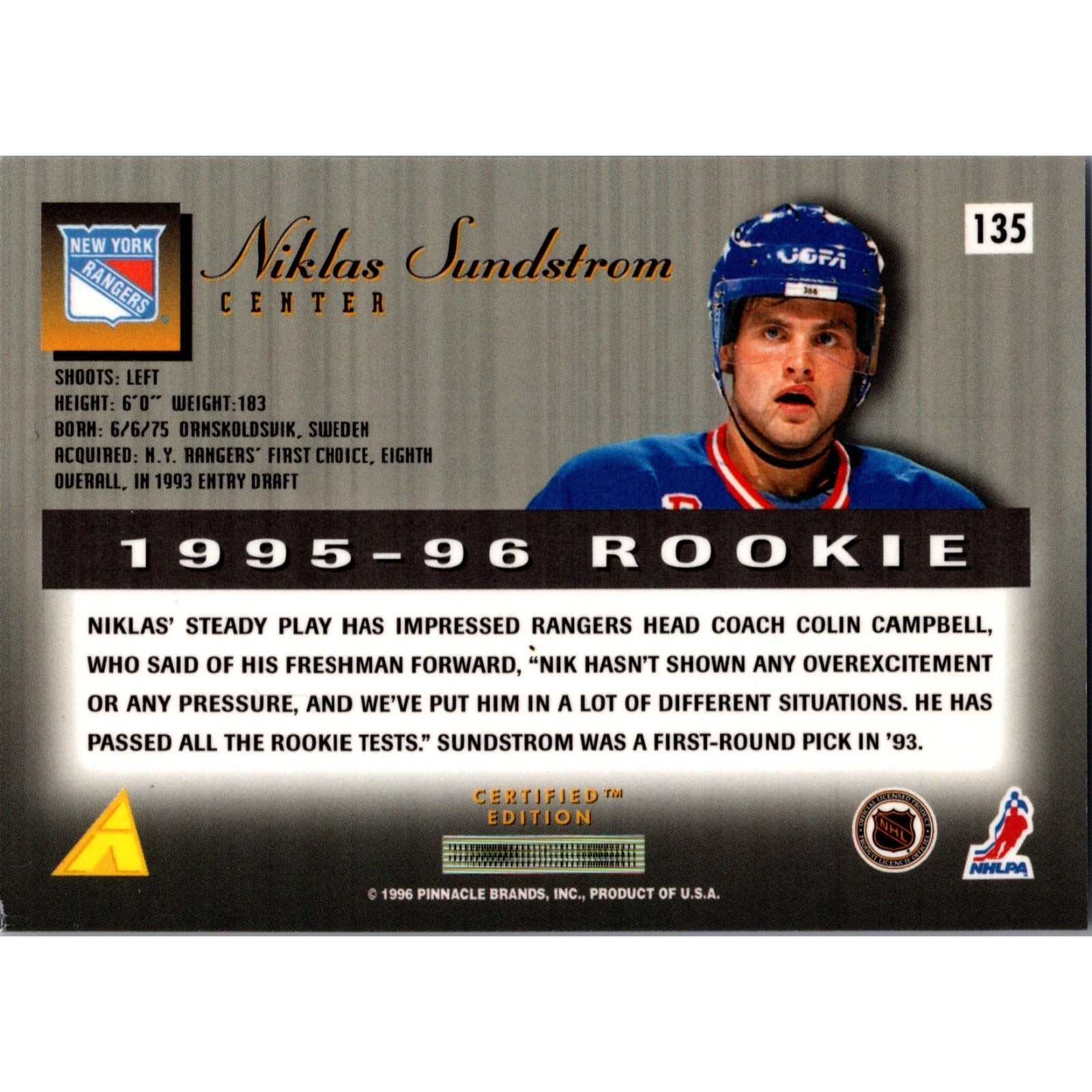 Niklas Sundstrom RC 1995-96 Select Certified Edition Rookie Mint NY Rangers