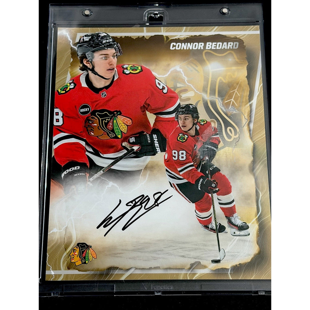 2024-25 Fanatics Emanate Connor Bedard gold autograph card numbered /50 featuring Chicago Blackhawks rookie star in protective magnetic holder