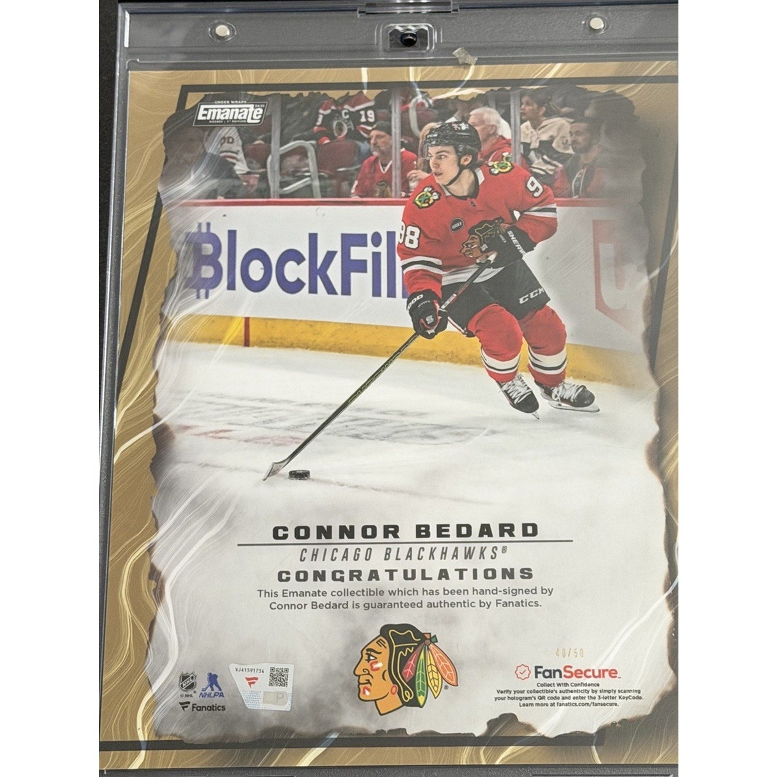 Back view of 2024-25 Fanatics Emanate Connor Bedard Gold Auto card showing serial numbering and authentication details