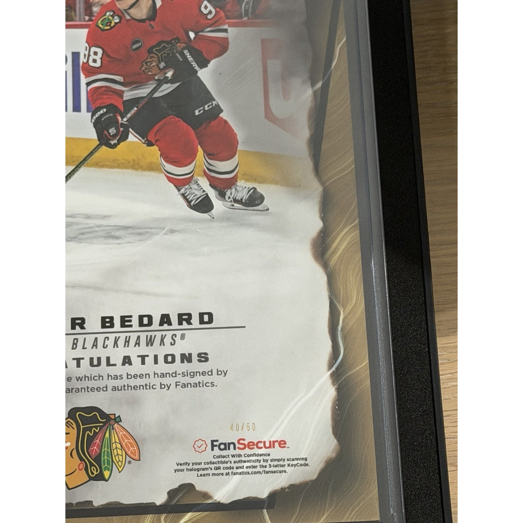 Side perspective of Connor Bedard autograph collectible card inside premium holder