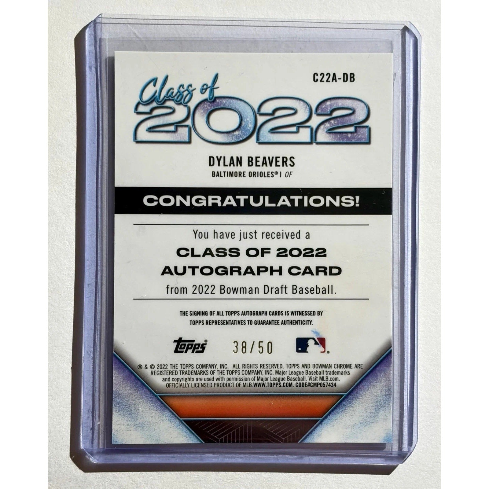 Dylan Beavers 2022 Bowman Draft Class of 2022 Rookie Gold Auto /50 RC Mint