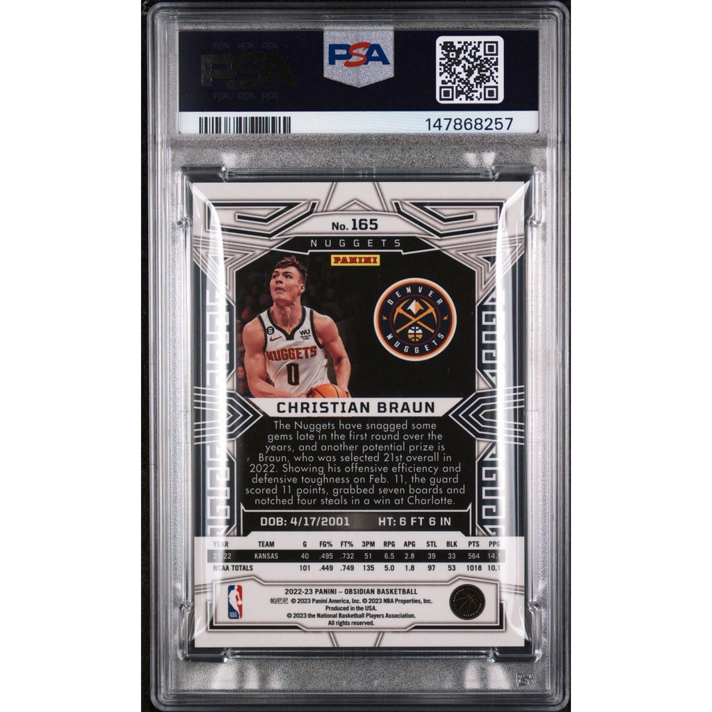 2022 Panini Obsidian Christian Braun #165 Electric Etch Neon Flood PSA 8 NM-MT rookie card back displaying player information and card details