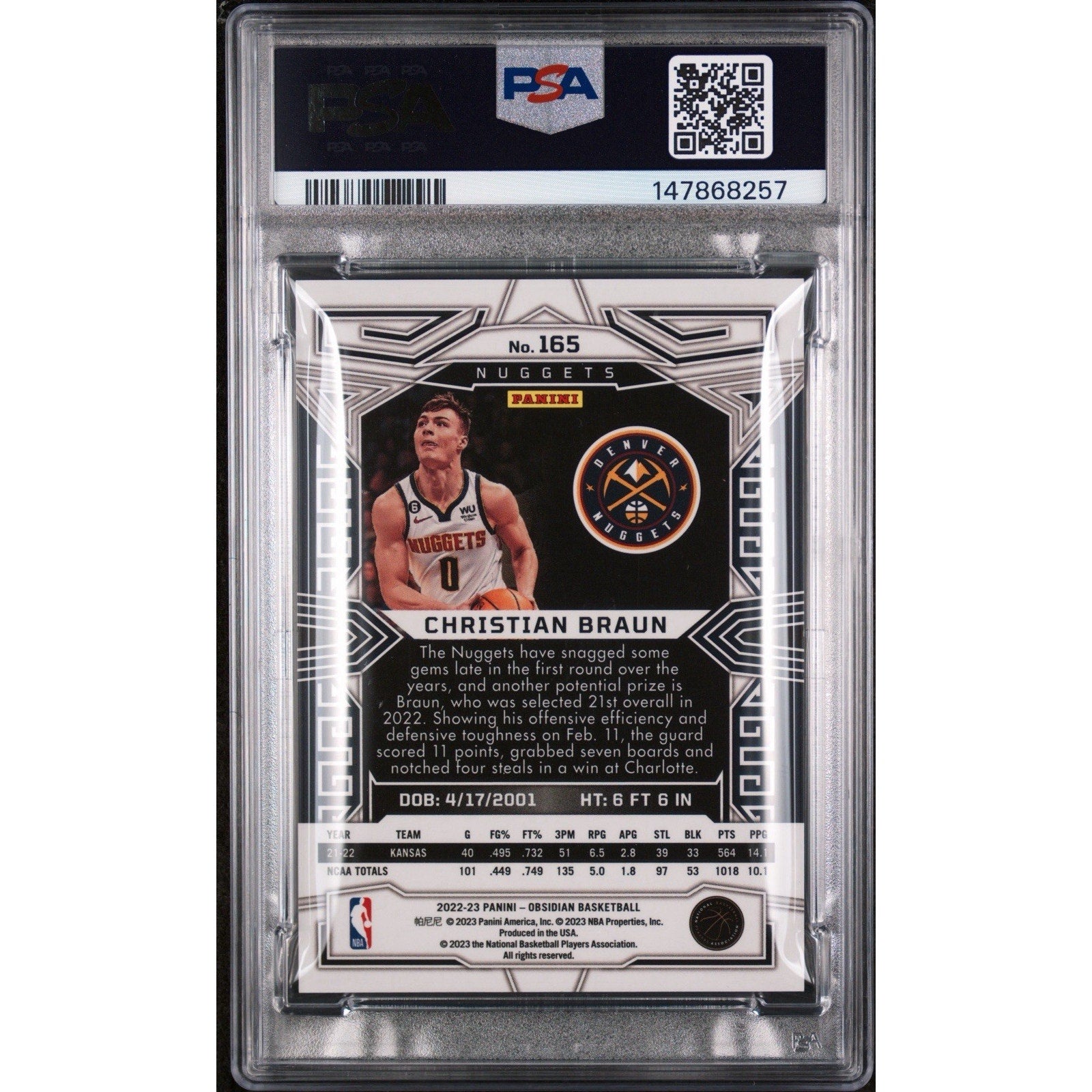 2022 Panini Obsidian Christian Braun #165 Electric Etch Neon Flood PSA 8 NM-MT rookie card back displaying player information and card details