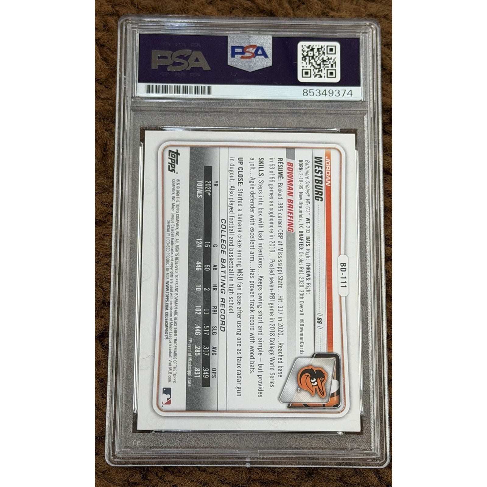 Jordan Westburg 2020 Bowman Draft Rookie Autograph PSA 9 #BD-111 Orioles Prospect