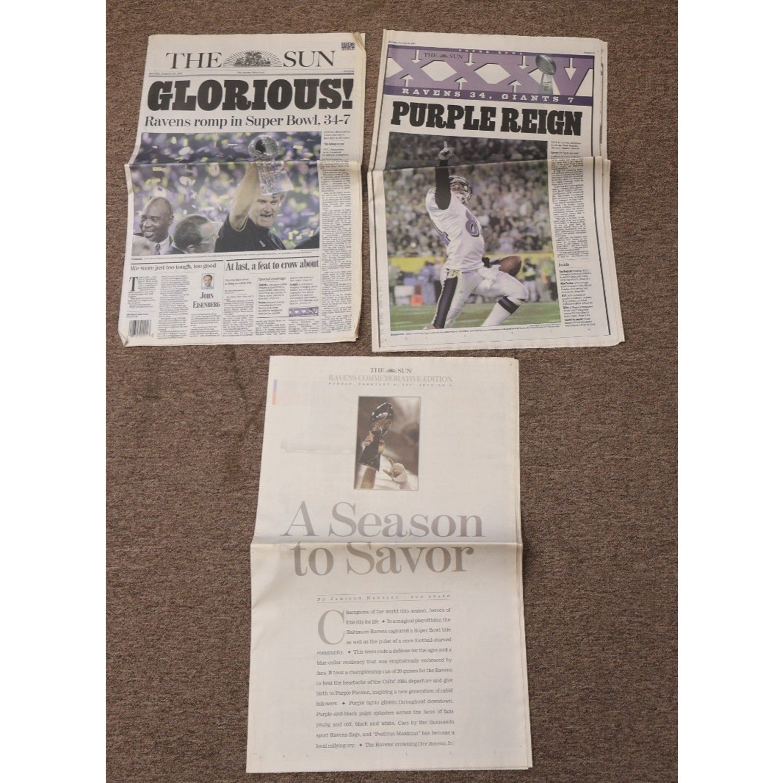 Baltimore Ravens 2001 NFL Champs Set Of 3 Headlines/ Commemorative Newspapers