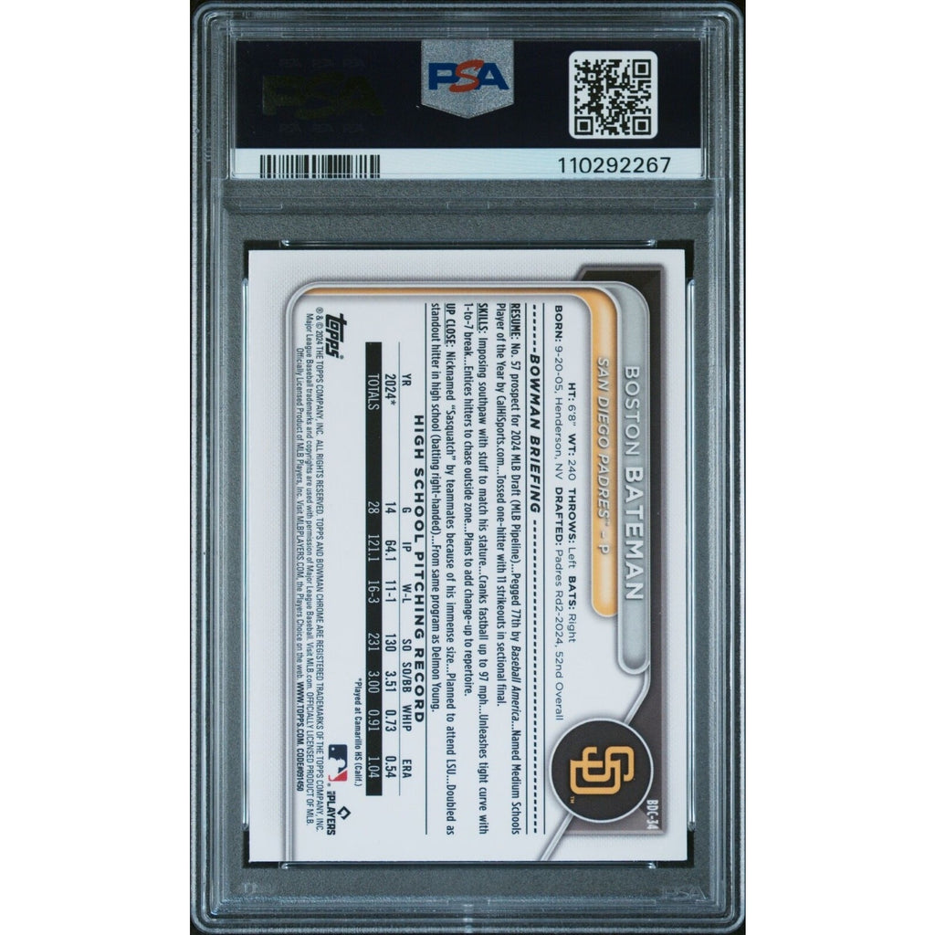 BOSTON BATEMAN 2024 BOWMAN DRAFT YELLOW LUNAR Refractor #BDC-34 /75 PSA 10 POP 1