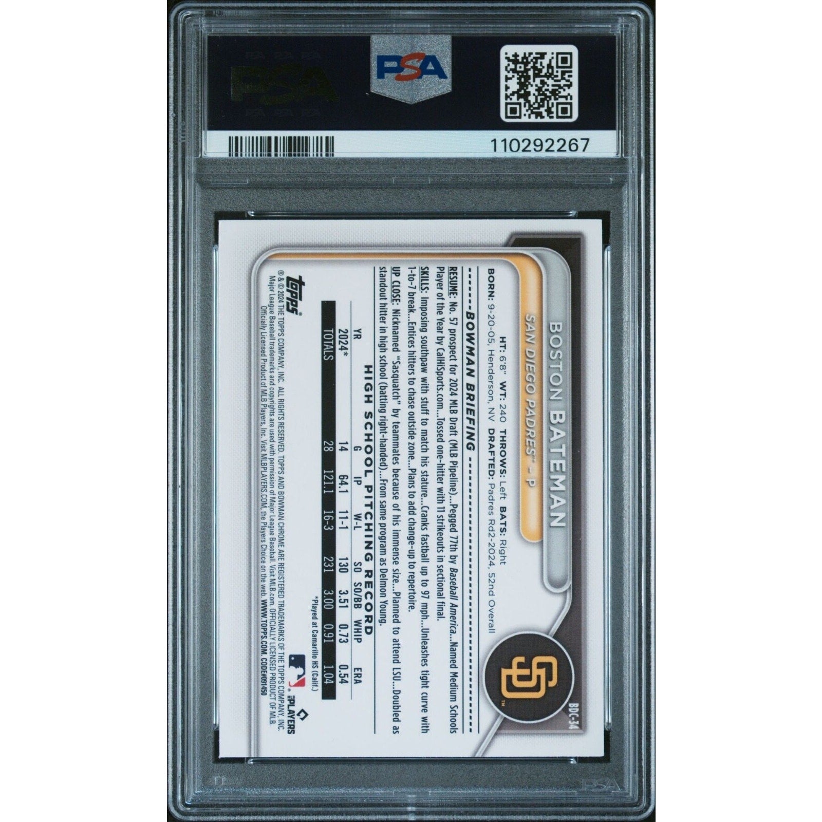 BOSTON BATEMAN 2024 BOWMAN DRAFT YELLOW LUNAR Refractor #BDC-34 /75 PSA 10 POP 1