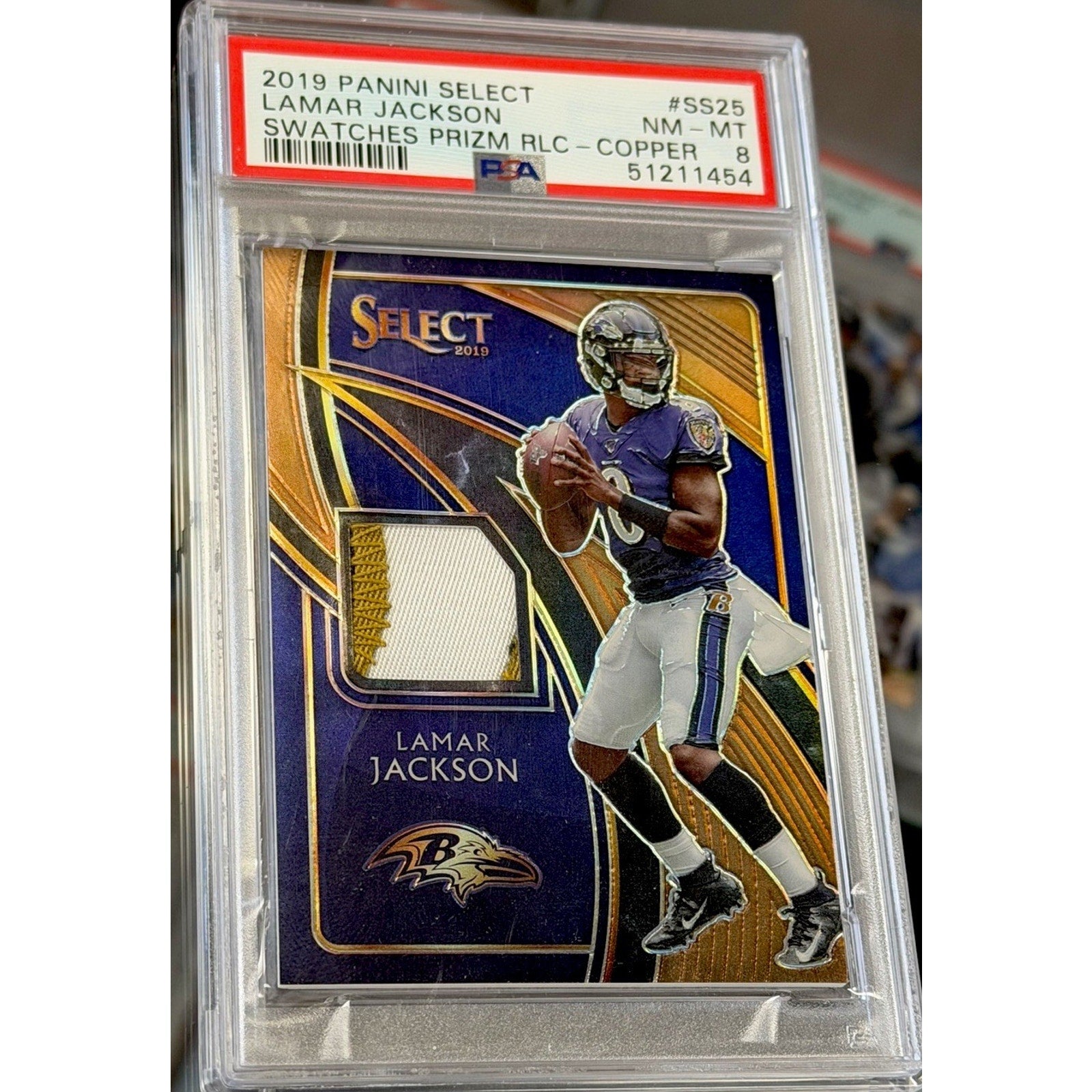 2019 Panini Select Select Swatches Lamar Jackson #SS-25 Copper Prizm /49 PSA