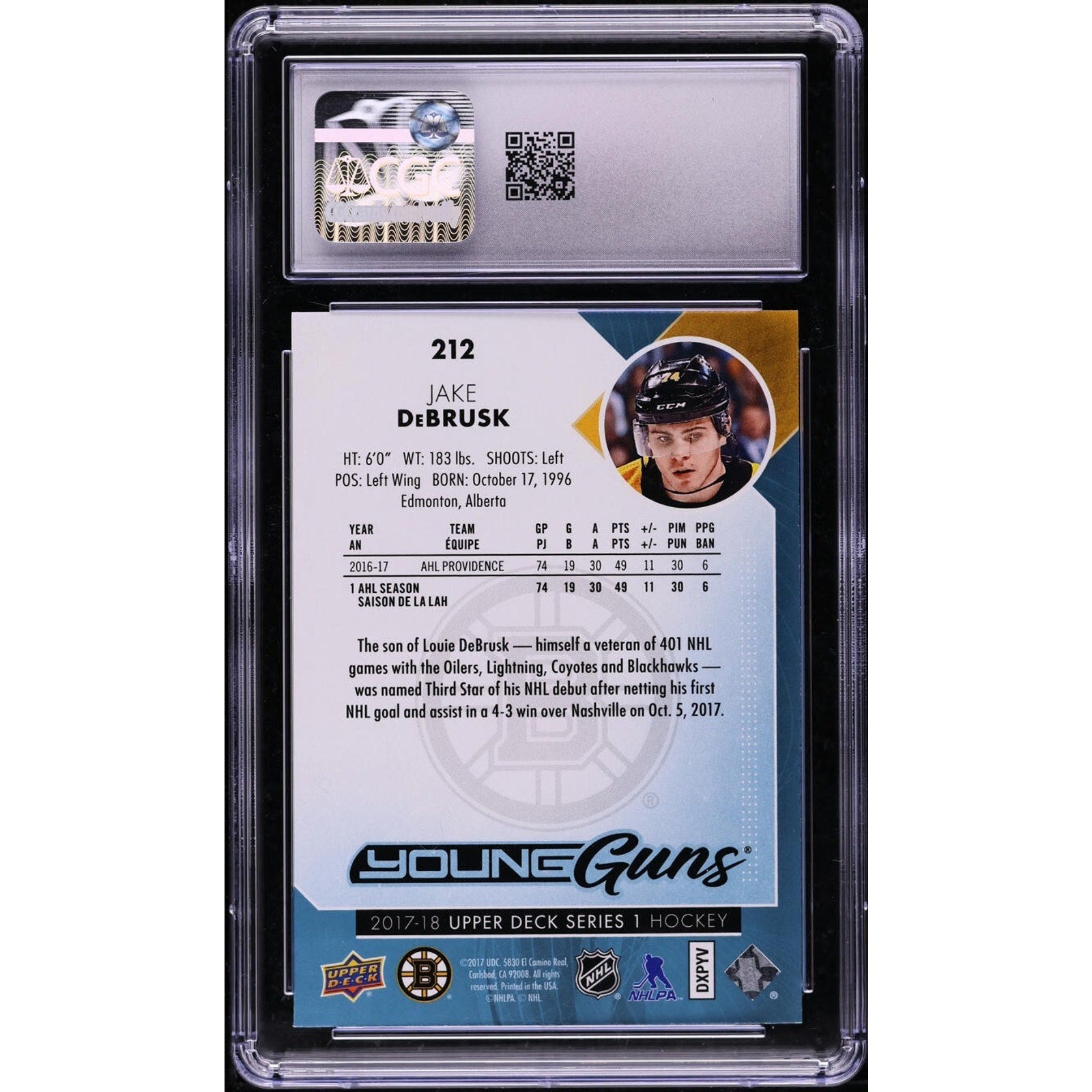 2017 Upper Deck Young Guns Jake DeBrusk ROOKIE #212 CGC 10 GEM MINT Bruins