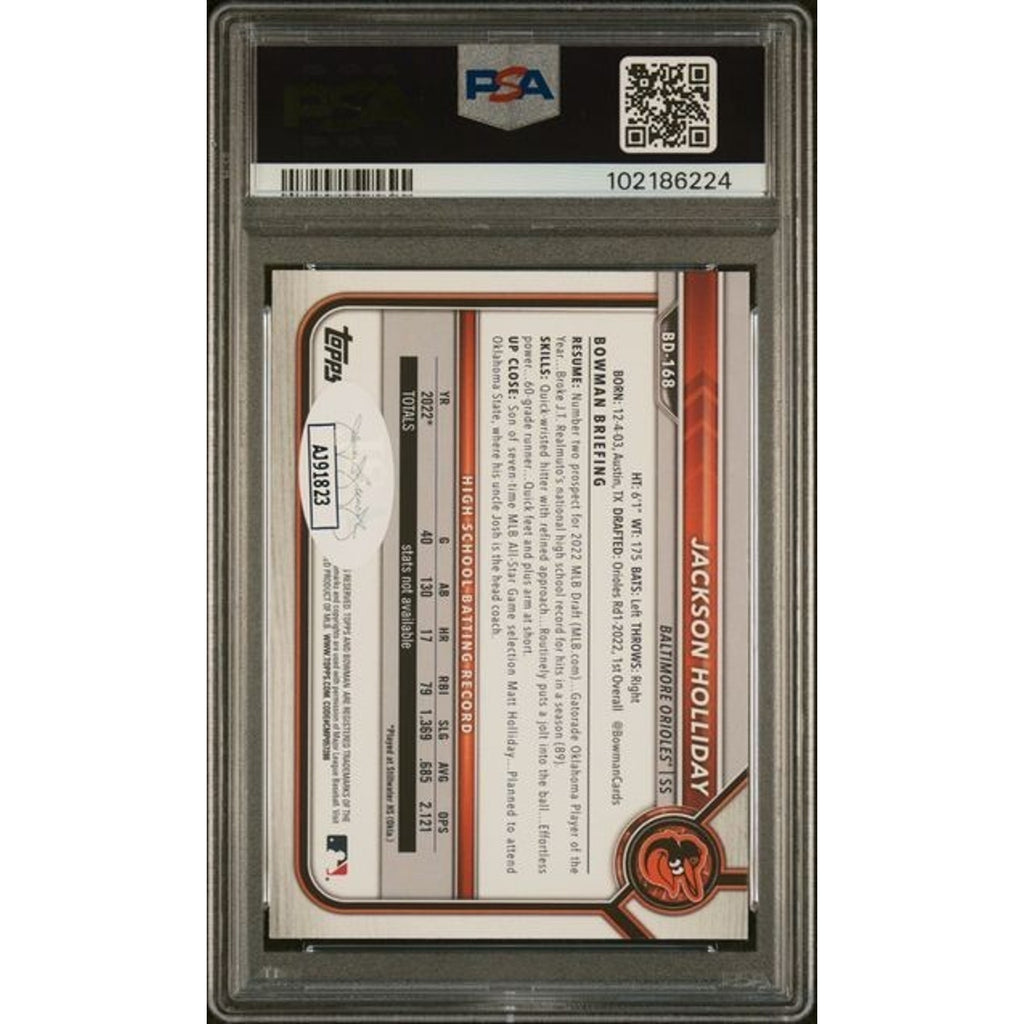 Jackson Holliday 2022 Bowman Draft 1st Autograph #BD-168 PSA 10 Autograph 10 Hard Signed