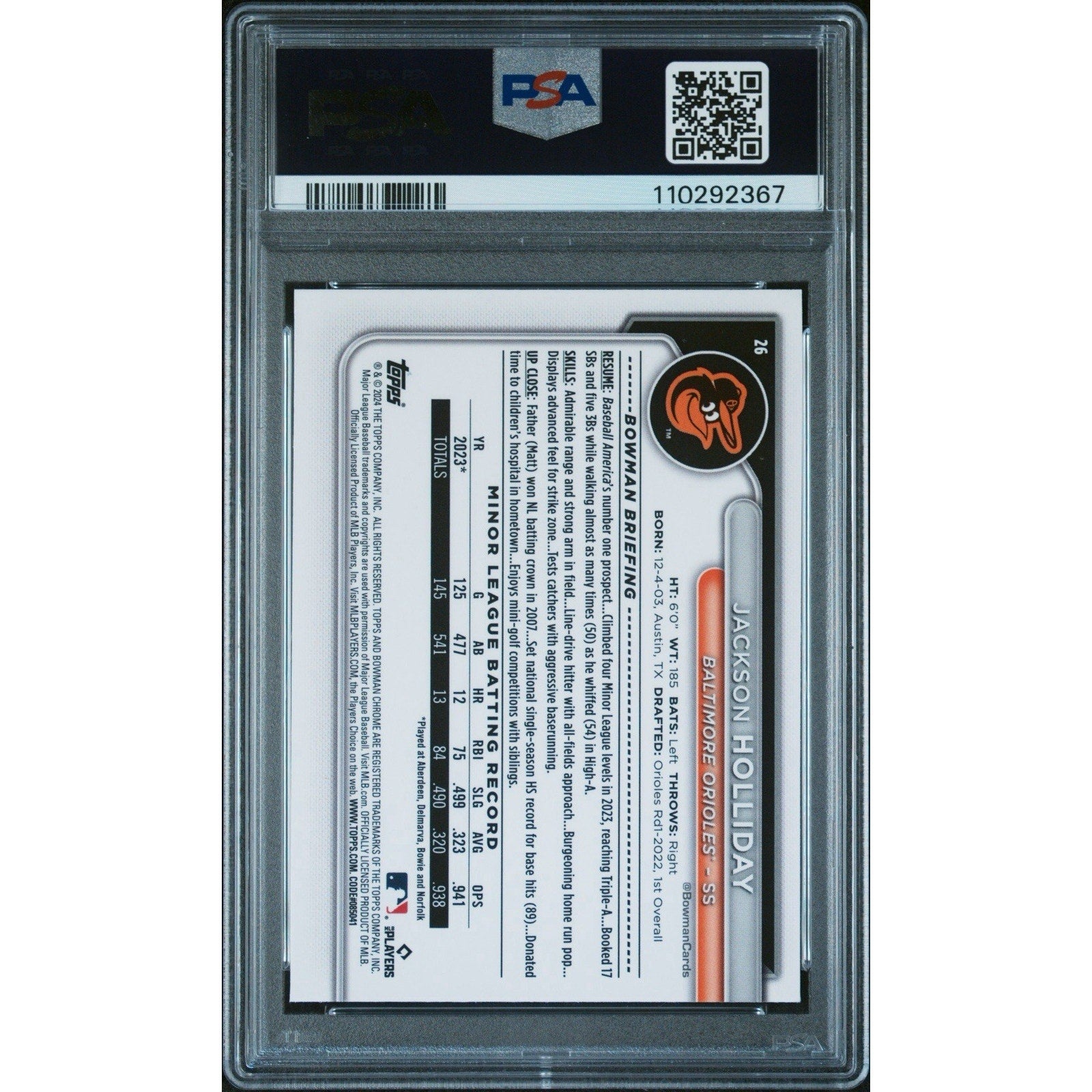 2024 Bowman Chrome Sapphire Jackson Holliday Rookie #26 PSA 9 Orioles RC