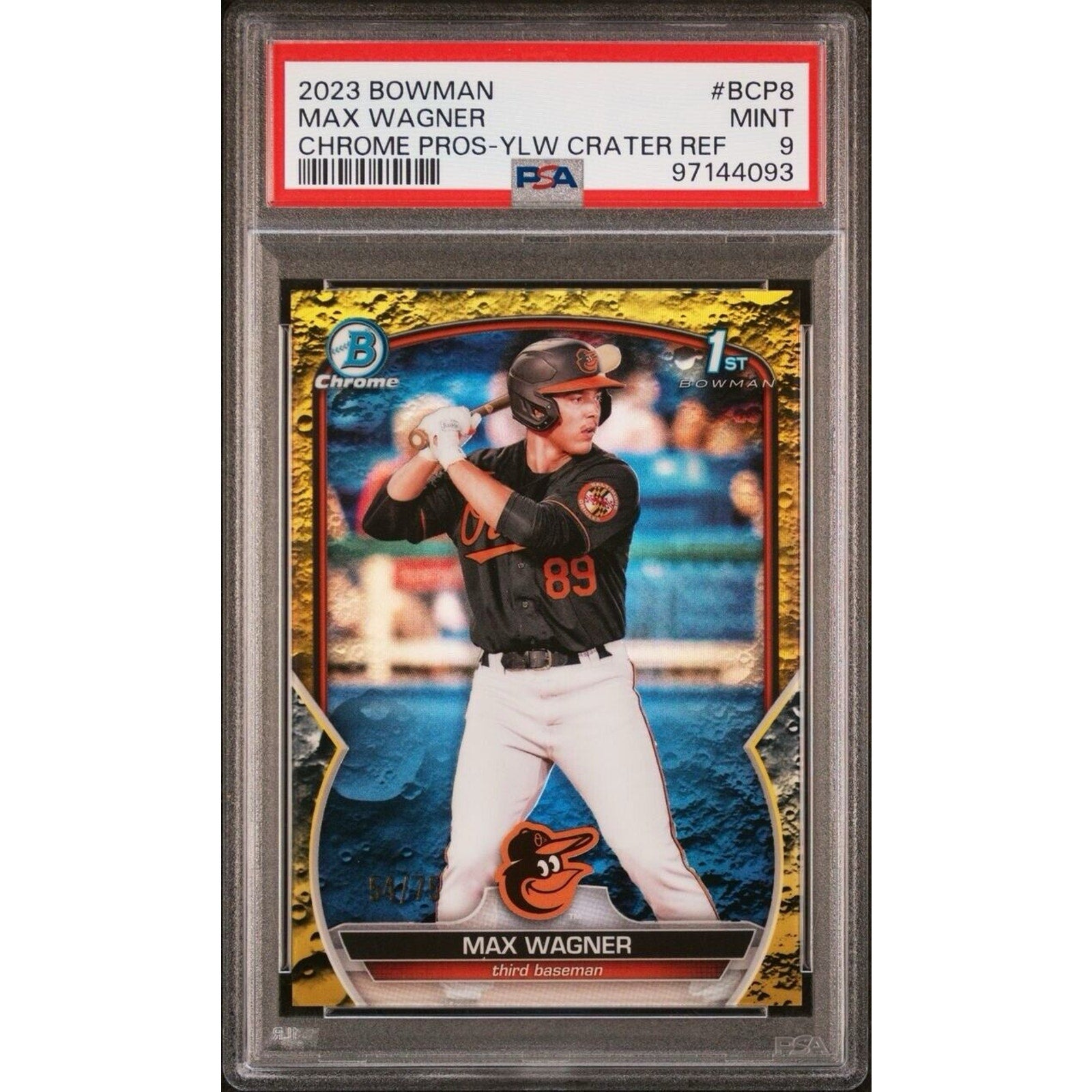 Max Wagner 2023 Bowman Chrome Prospect Yellow Lava Refractor /75 Orioles PSA 9