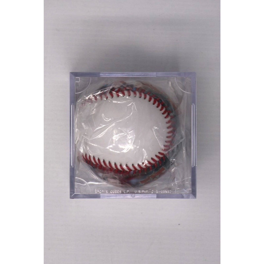 Backside view of commemorative baseball within protective display holder