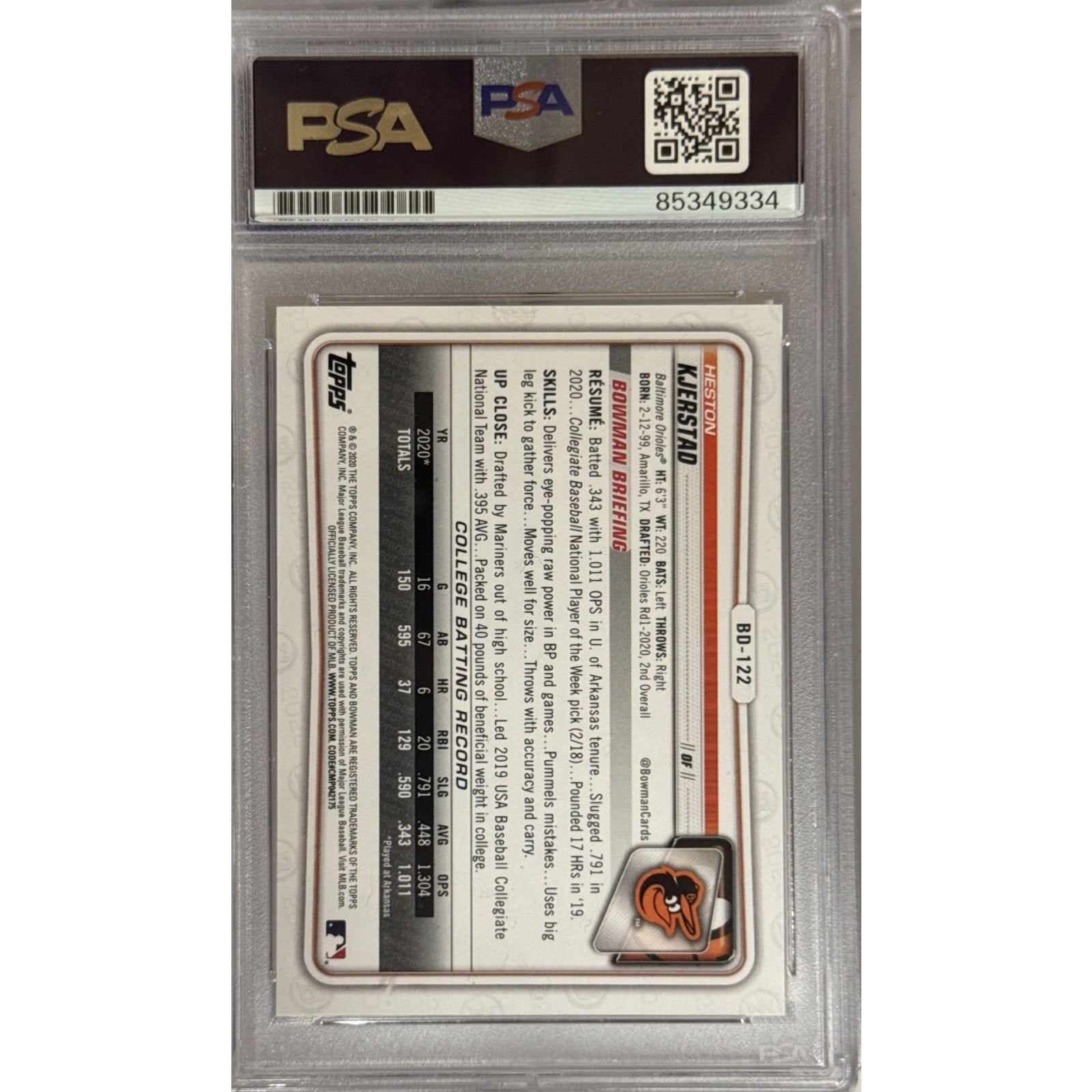 2020 Bowman Draft Heston Kjerstad Auto 1st Rookie PSA 9 #BD122 Orioles RC