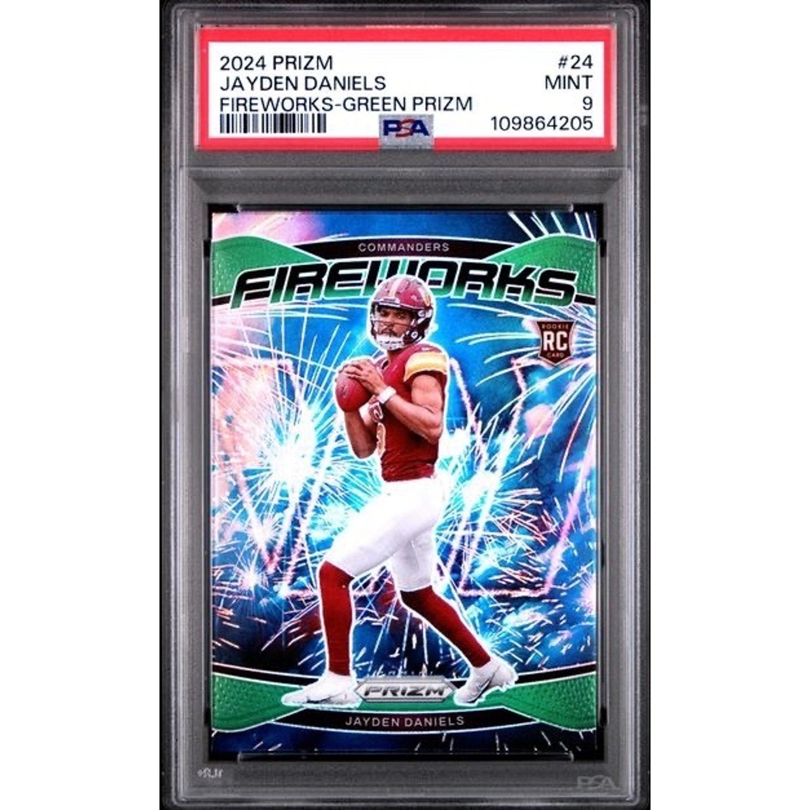 2024 PANINI PRIZM FIREWORKS GREEN PRIZM #24 JAYDEN DANIELS ROOKIE RC PSA 9