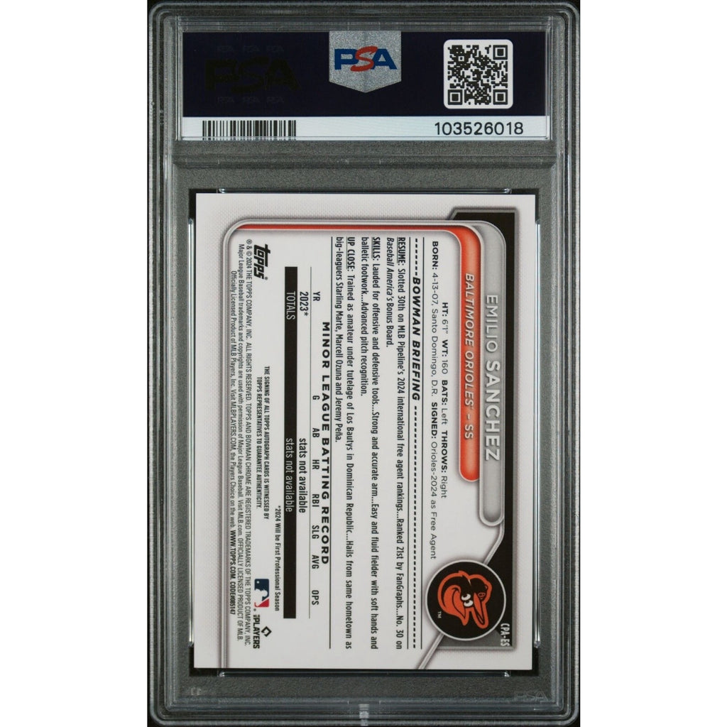 Emilio Sanchez 2024 Bowman Draft 1st Purple REFRACTOR #CPAES Auto /250 PSA 9 RC