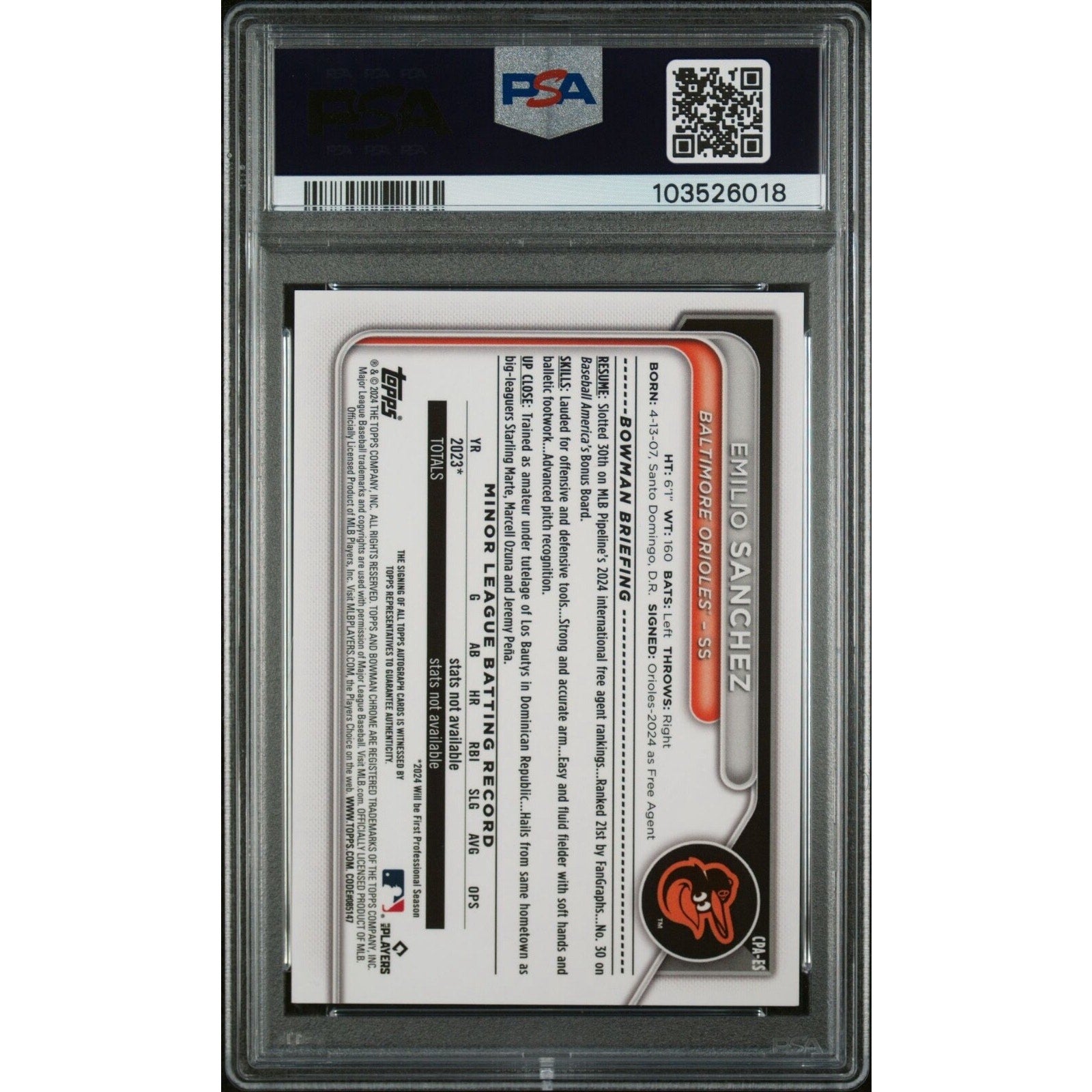 Emilio Sanchez 2024 Bowman Draft 1st Purple REFRACTOR #CPAES Auto /250 PSA 9 RC