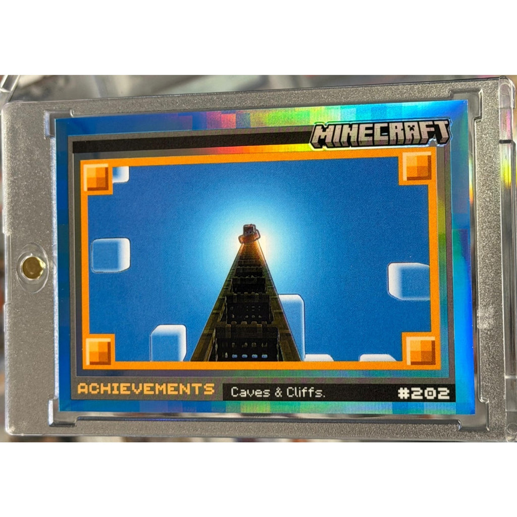 2024 Panini Prizm Minecraft Achievements Caves & Cliffs Blue Prizm SSP card numbered 08 of 10 in magnetic one-touch holder