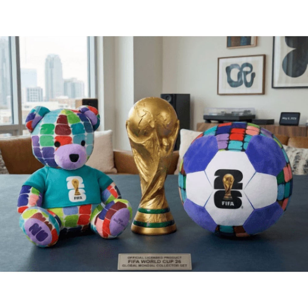 FIFA World Cup 2026 Global Mundial plush mascot, soccer ball plush, and trophy collectible display set