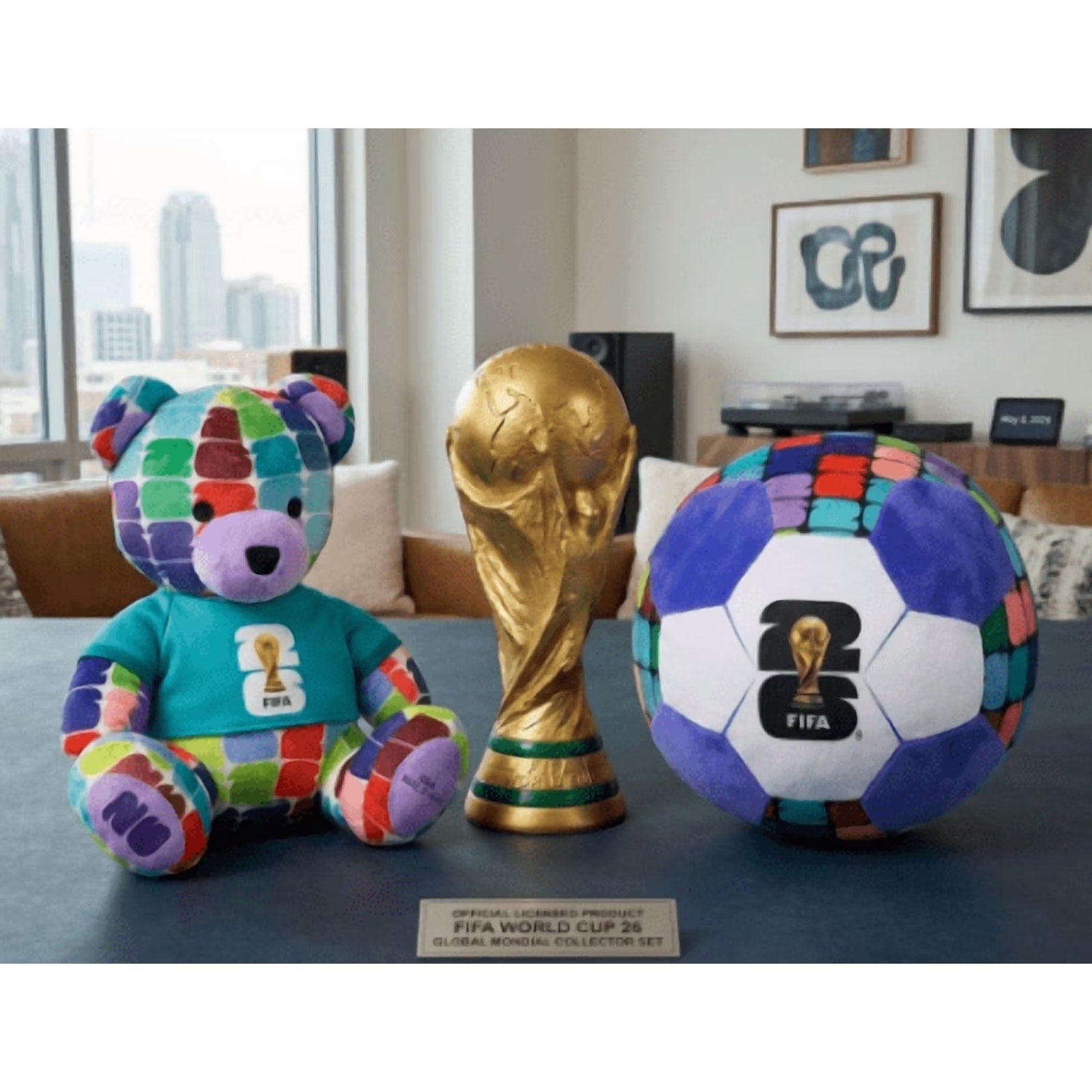 FIFA World Cup 2026 Global Mundial plush mascot, soccer ball plush, and trophy collectible display set