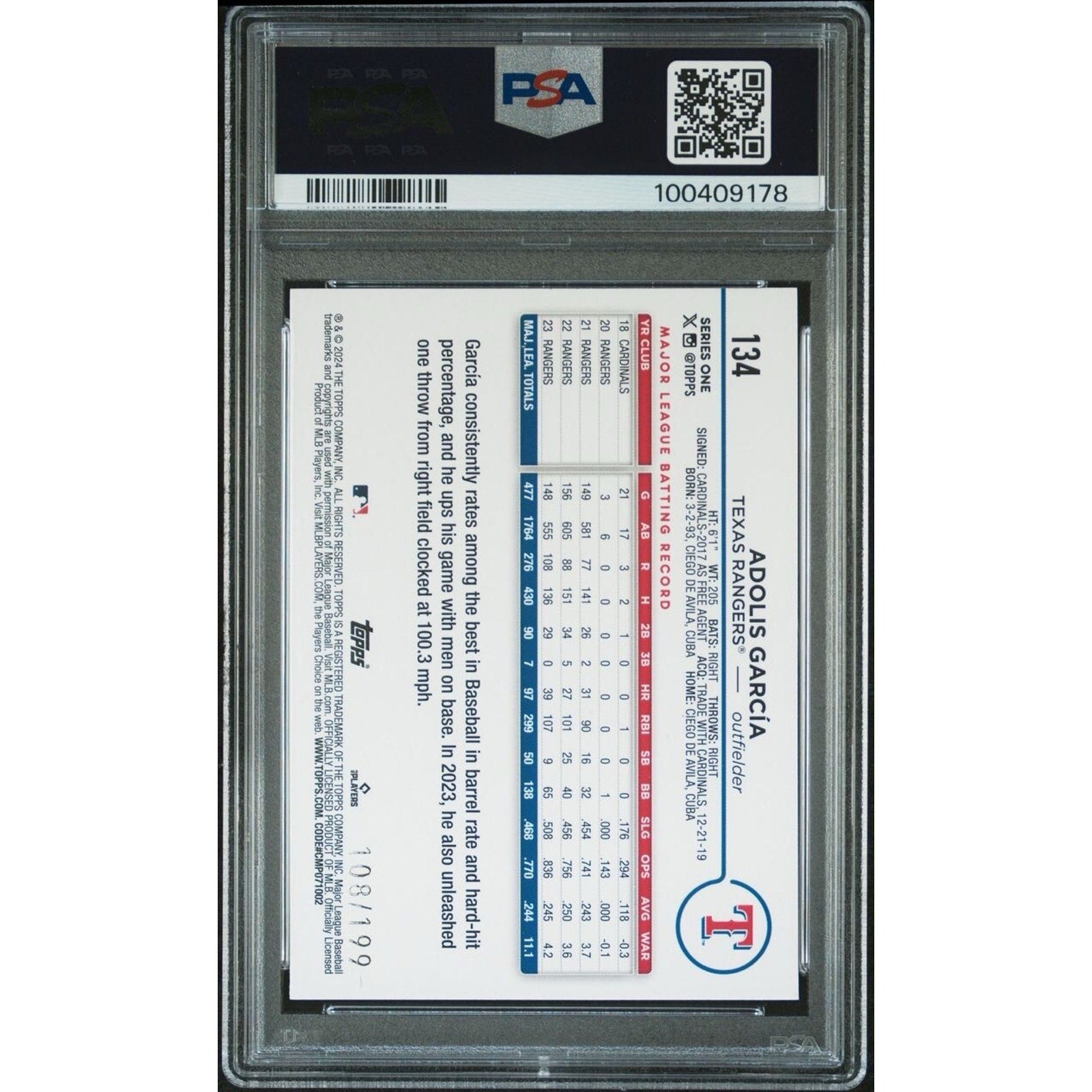 2024 Topps Series 1 Adolis Garcia Red Crackle Foil /199 #134 Texas Rangers PSA 9