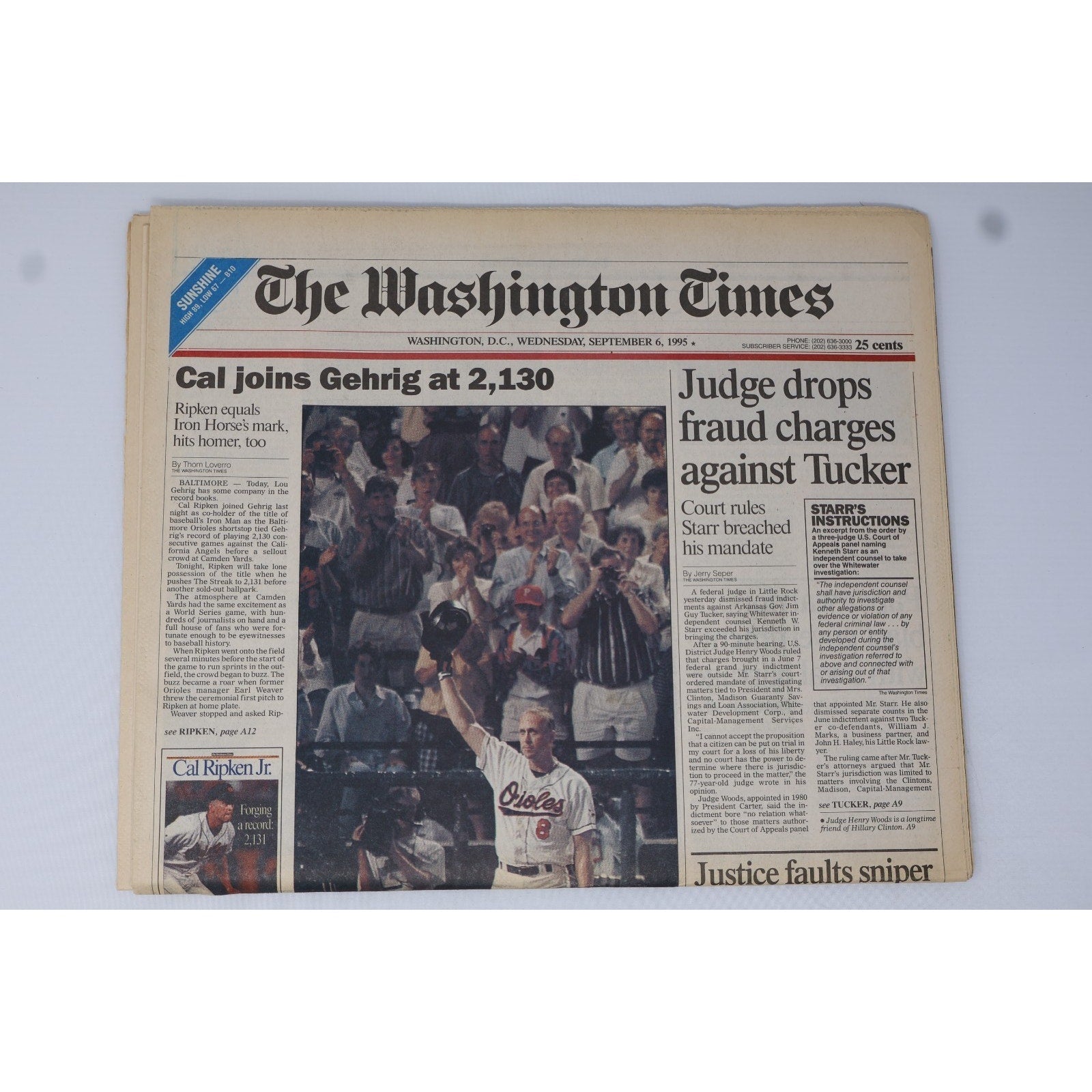 Cal Ripken Jr Ties+Breaks Streak The Washington Times Full Newspapers Set Of 2