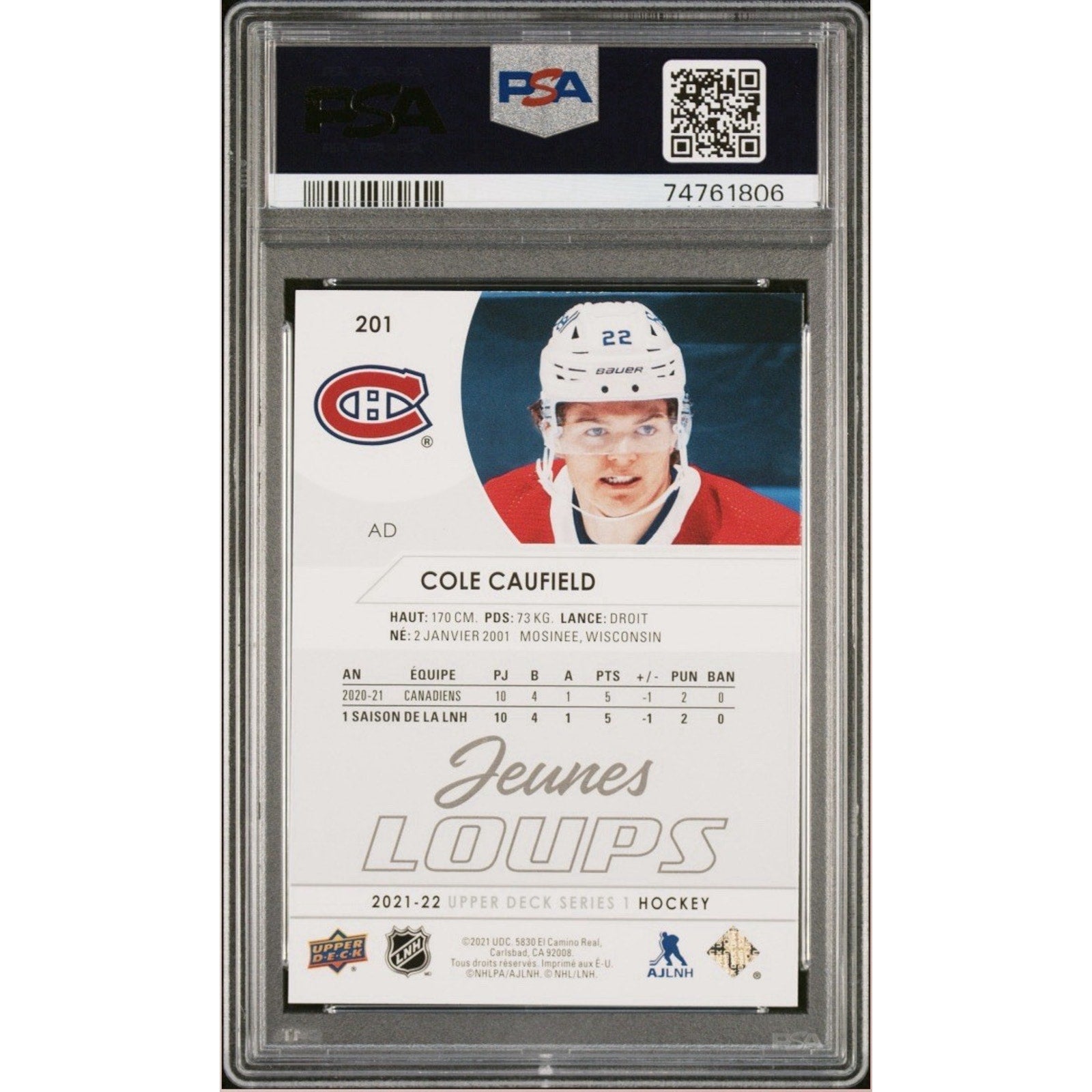 2021-22 Upper Deck Series 1 Young Guns French Cole Caufield #201 PSA 10 GEM MT