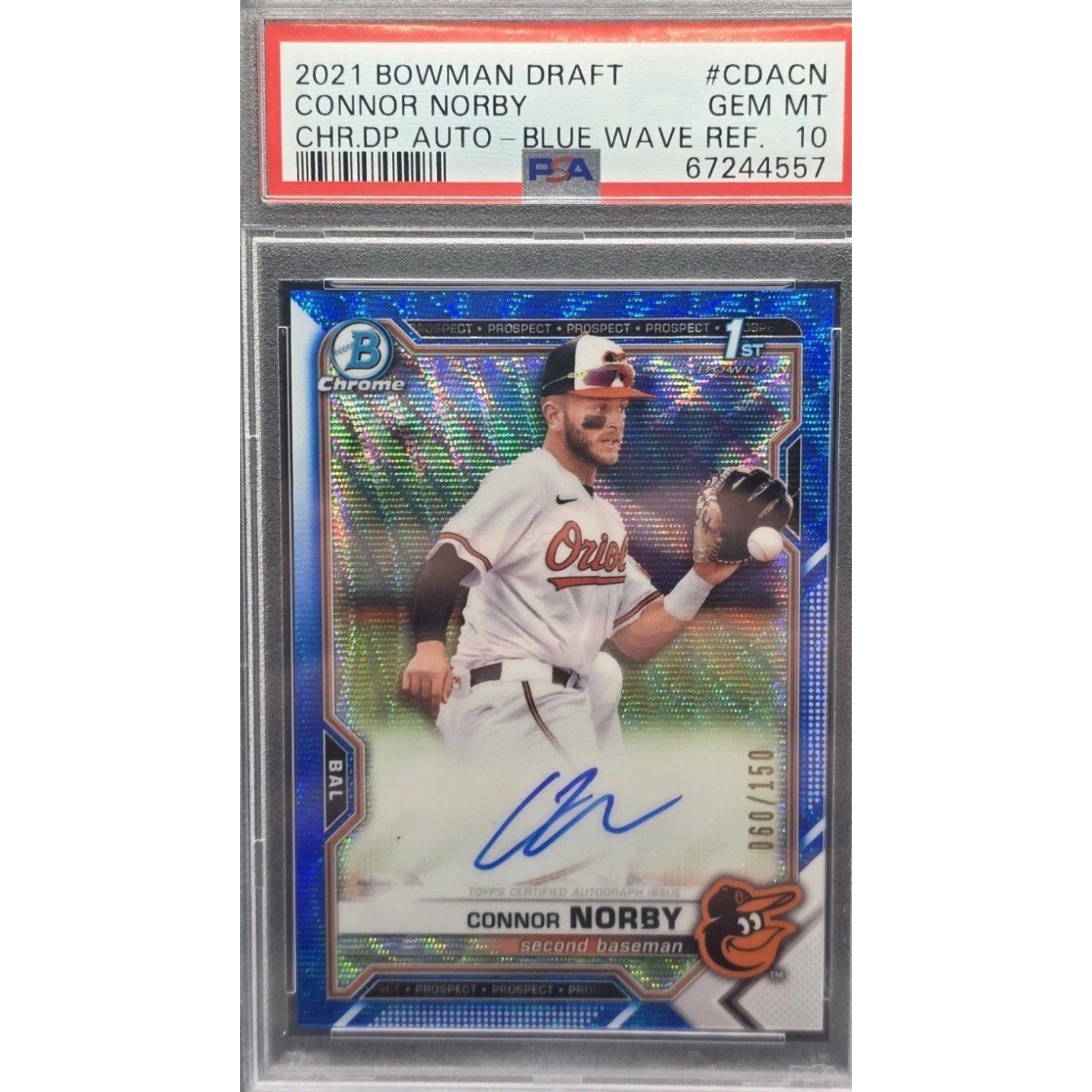 2021 Bowman Draft Connor Norby Auto Blue Wave Refractor /150 PSA 10 Chrome CDACN