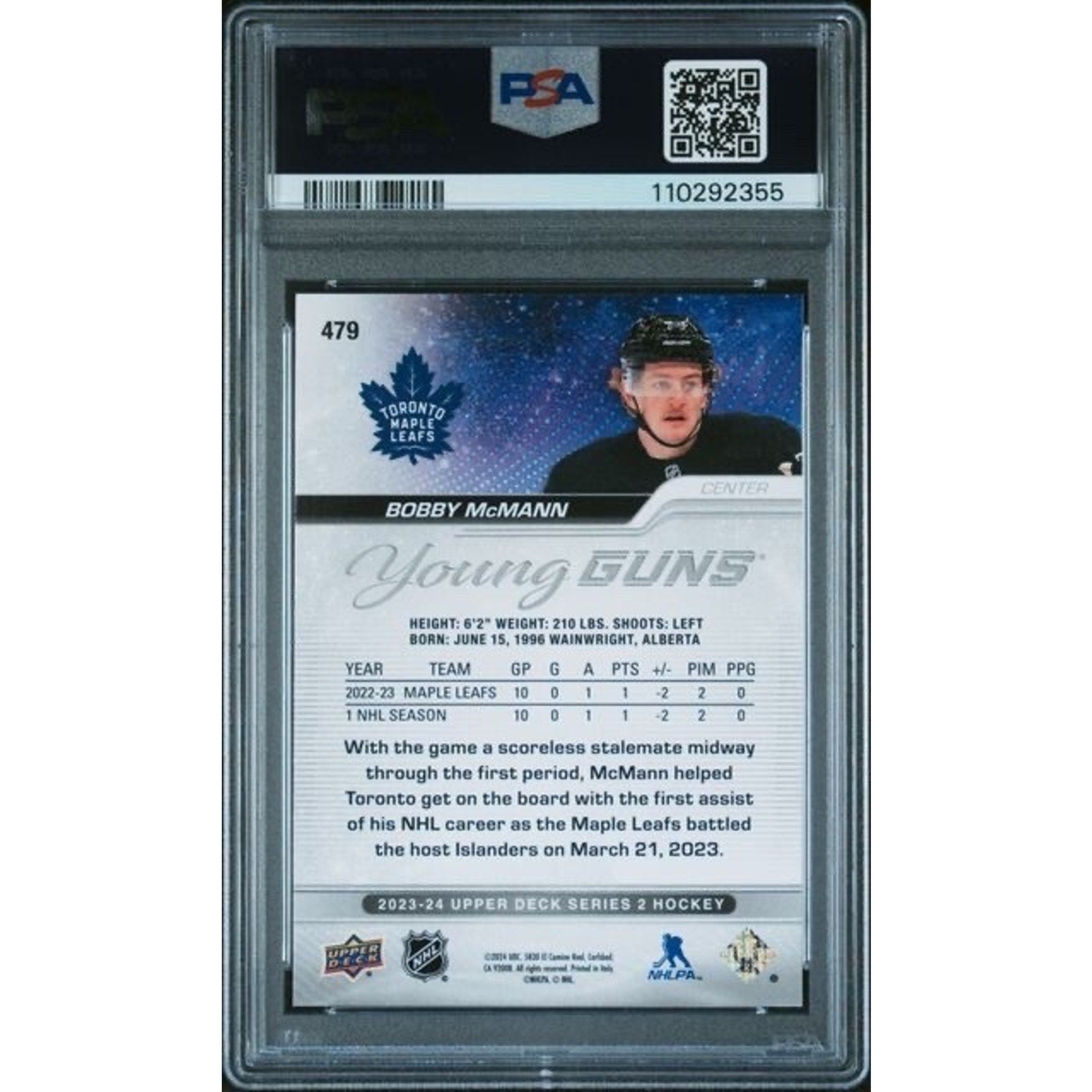 2023 Upper Deck BOBBY MCMANN #479 Young Guns GEM MINT PSA 10 Maple Leafs